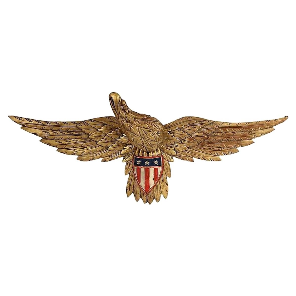 American Hand-Carved Folk Eagle with Shield, Circa 1930-1950