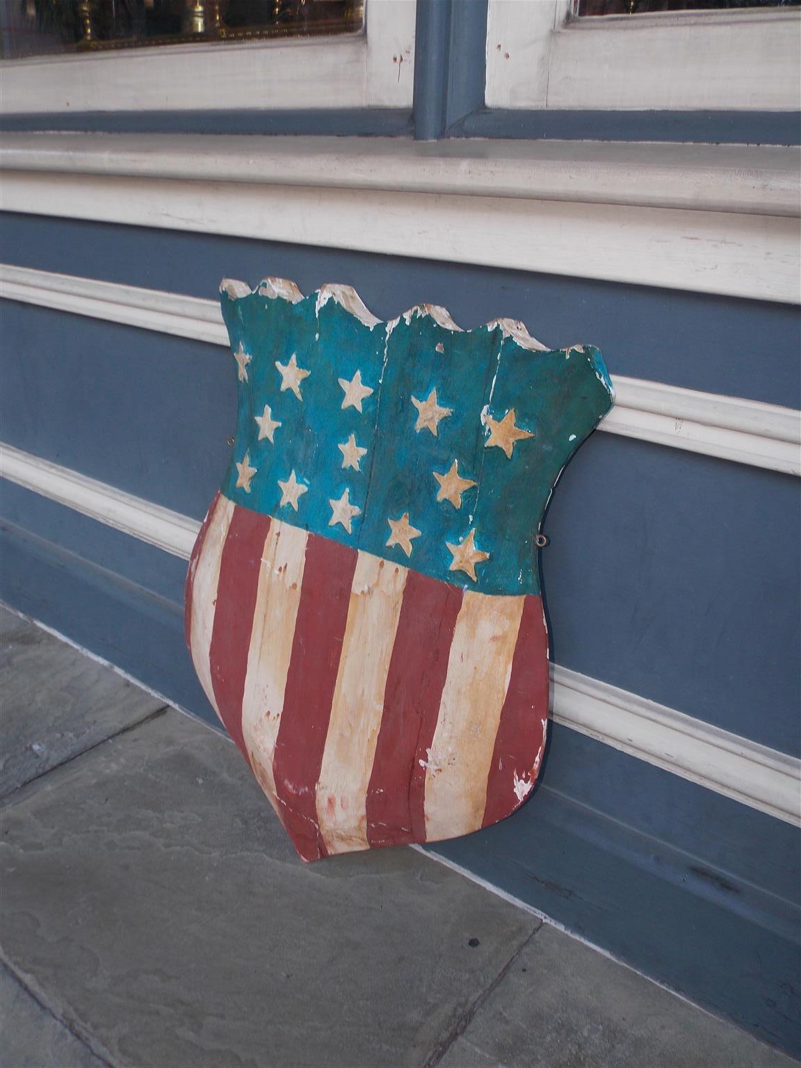 Folk Art American Hand Carved and Painted Patriotic Shield with Raised Stars. C. 1870