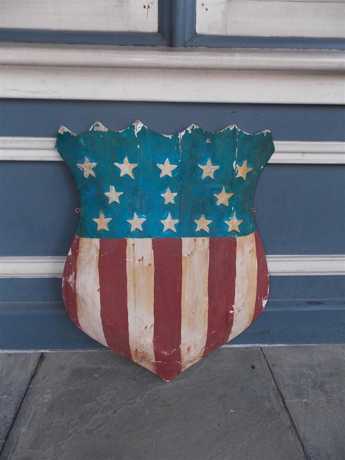 American Hand Carved and Painted Patriotic Shield with Raised Stars. C. 1870 In Excellent Condition In Hollywood, SC