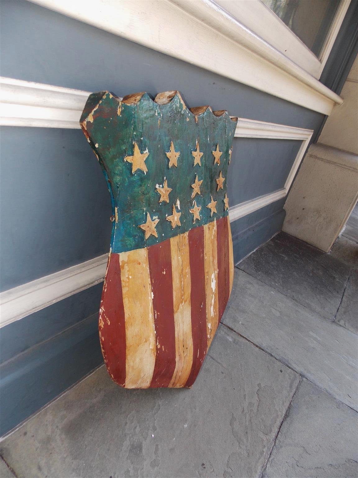 Wood American Hand-Carved & Painted Patriotic Shield with Raised Stars, 19th Century