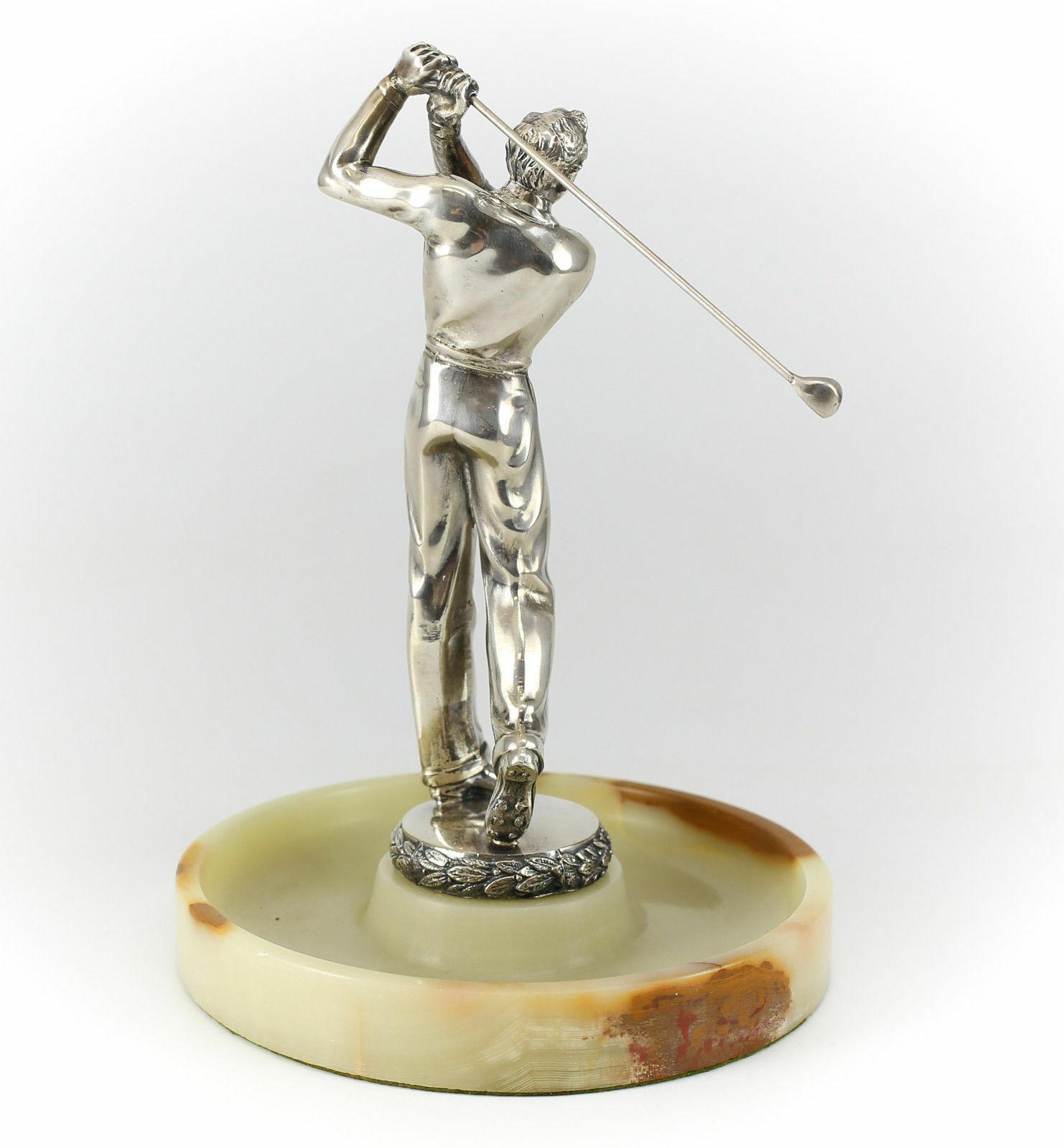 American Hand Chased Silverplate Golf Figurine Desk Caddy Marble Base, c1930

Additional Information:
Composition: Silverplate 
Age: circa 1930
Dimension: 7 inches diameter, 9.5 inches Height
Condition: Very Good Condition. Some oxidation &
