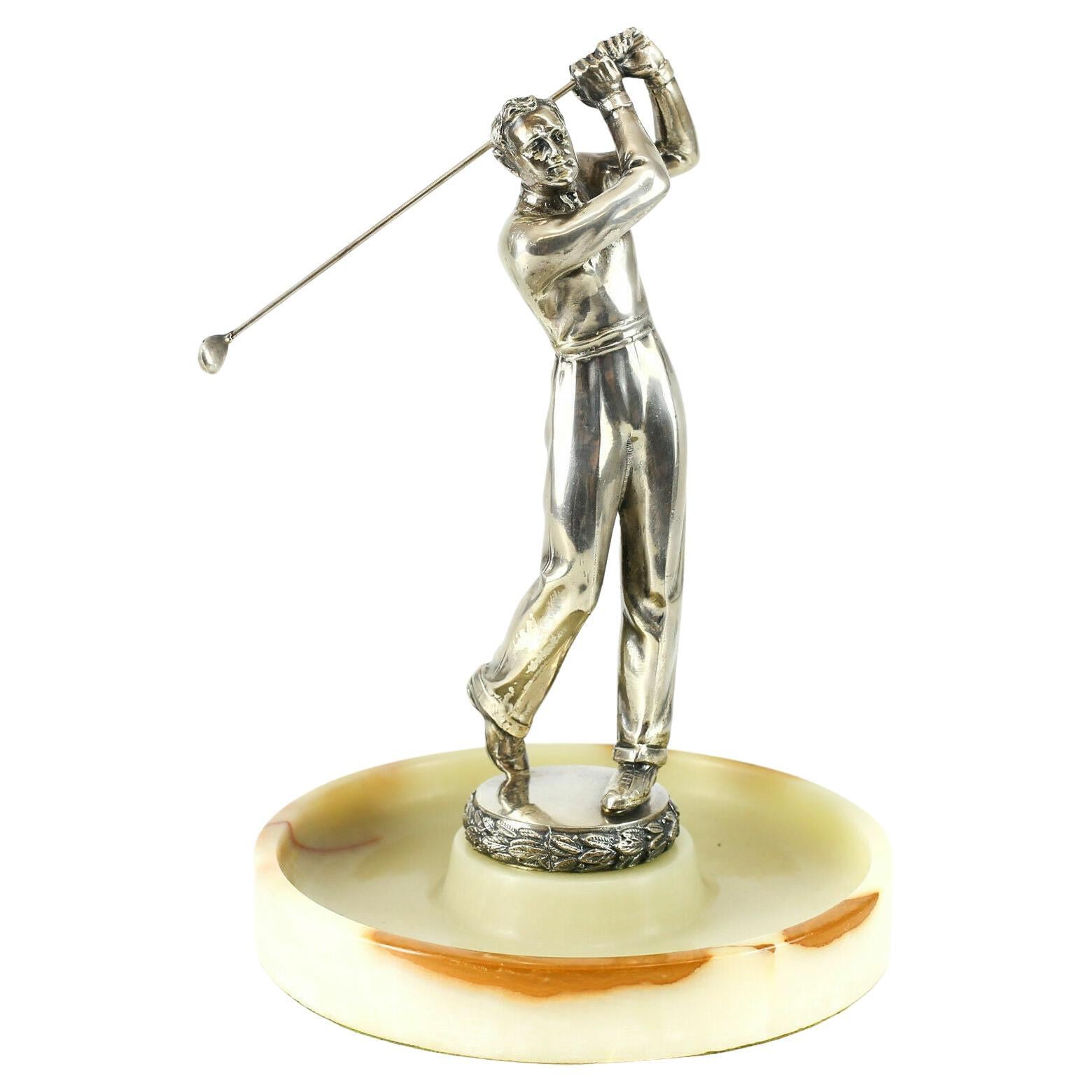American Hand Chased Silverplate Golf Figurine Desk Caddy Marble Base, c1930 For Sale