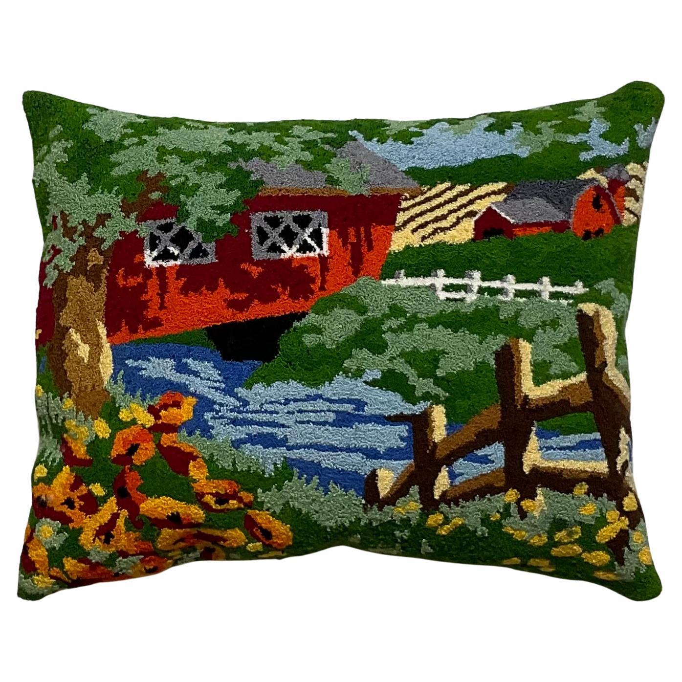 American Hand Embroidery Mid-Century Pillow  For Sale