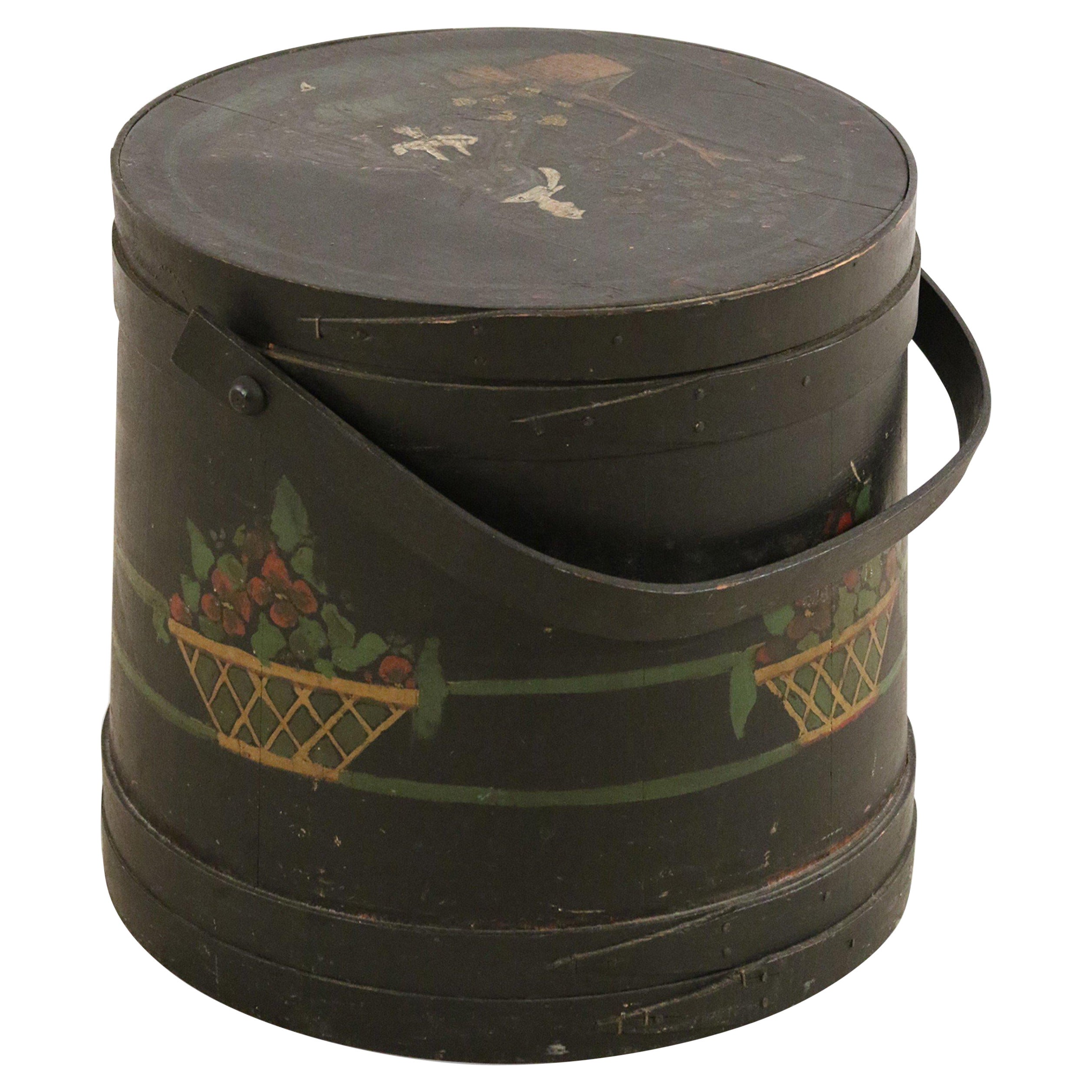 American Hand Painted Sugar Bucket Sewing Box with Genre Scene