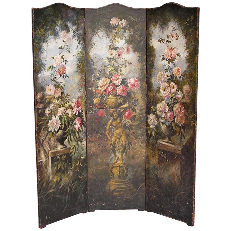 American Hand Painted Three Panel Floral Leather Screen , Signed N.Y.  Circa 187
