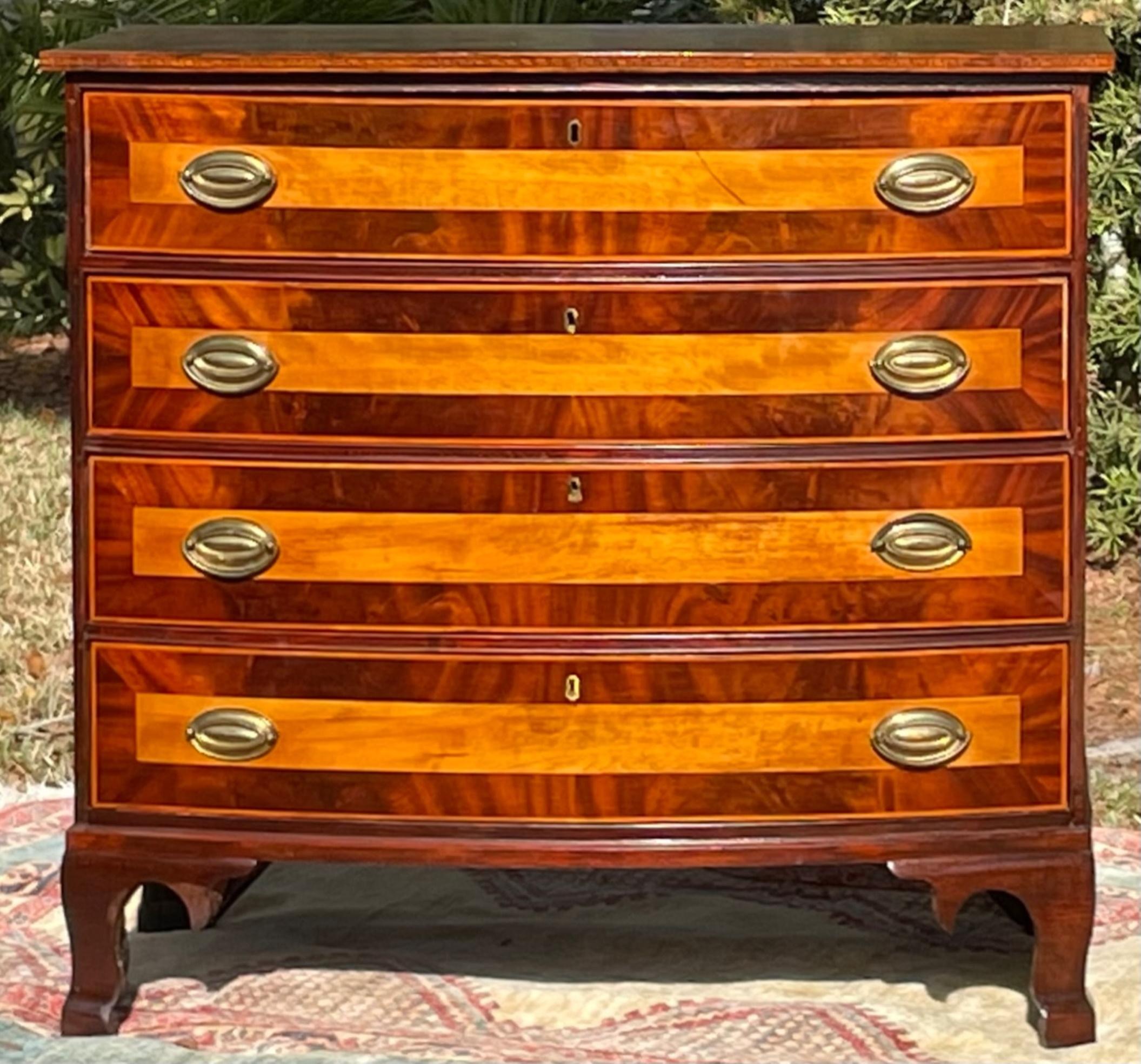 Carved American Hepplewhite Bow Front Chest of Drawers