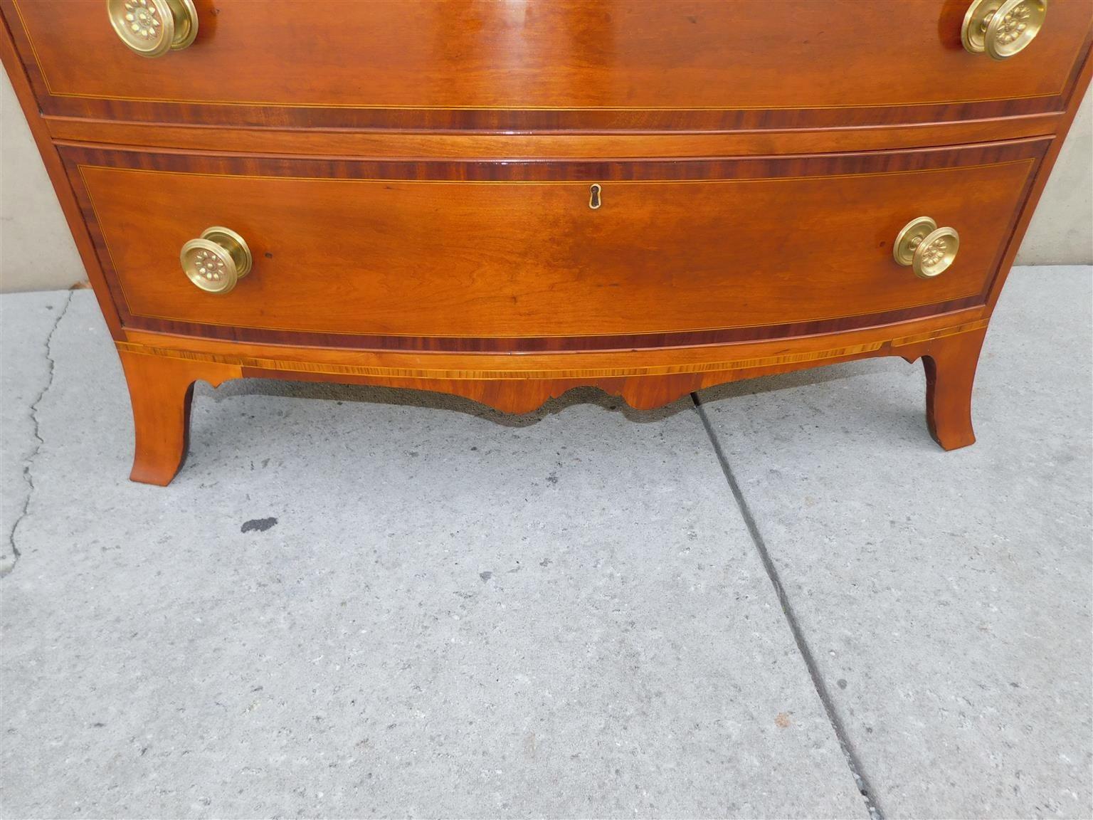 American Hepplewhite Cherry Satinwood Inlay Bow Front Chest on Splayed Feet 1810 For Sale 4