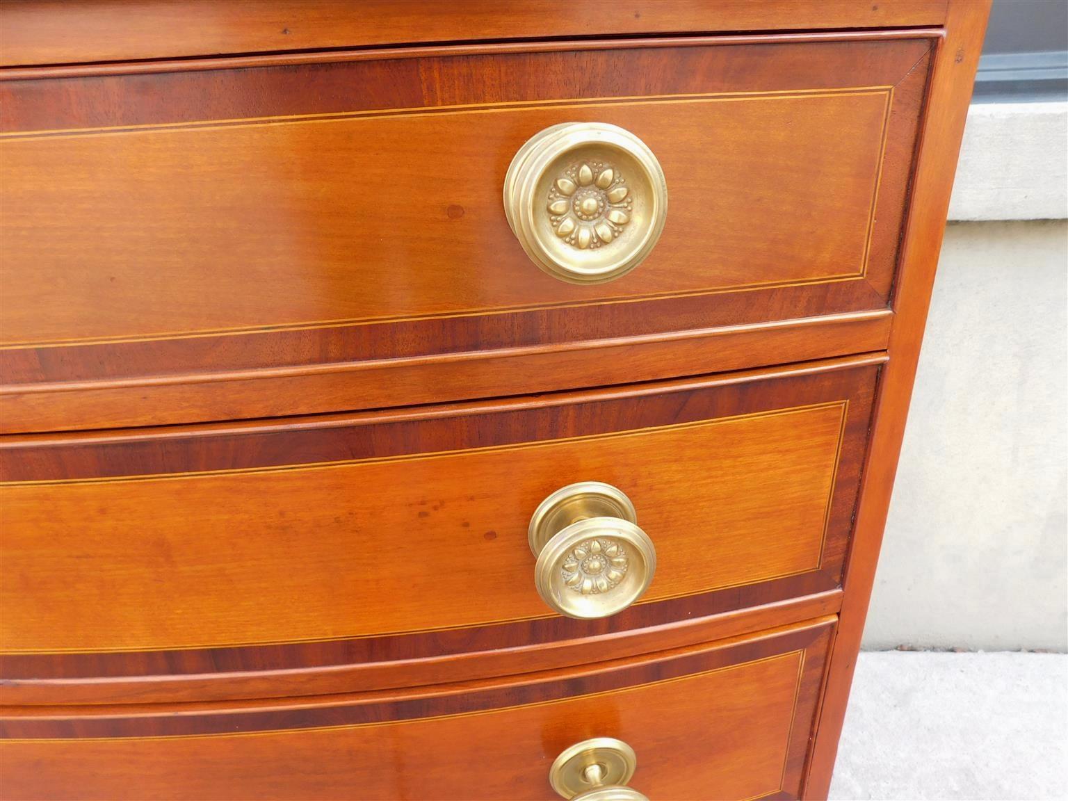 American Hepplewhite Cherry Satinwood Inlay Bow Front Chest on Splayed Feet 1810 For Sale 8