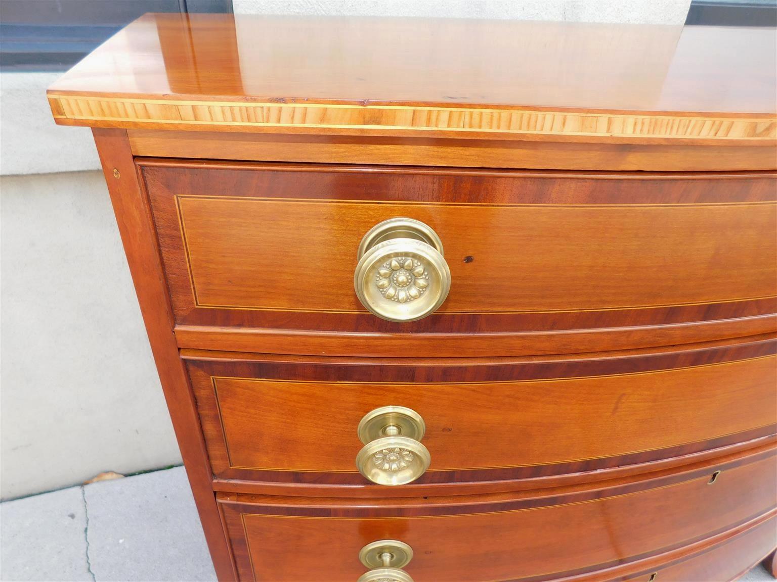 Early 19th Century American Hepplewhite Cherry Satinwood Inlay Bow Front Chest on Splayed Feet 1810 For Sale
