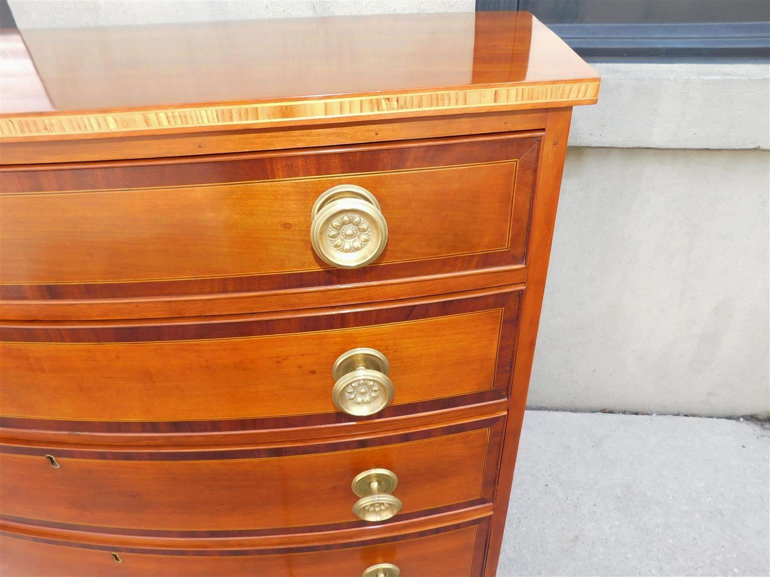 American Hepplewhite Cherry Satinwood Inlay Bow Front Chest on Splayed Feet 1810 For Sale 1