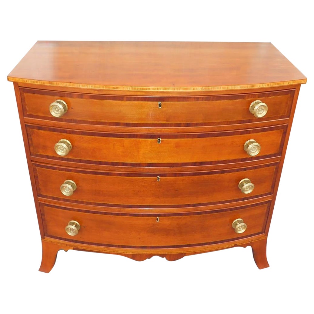 American Hepplewhite Cherry Satinwood Inlay Bow Front Chest on Splayed Feet 1810 For Sale