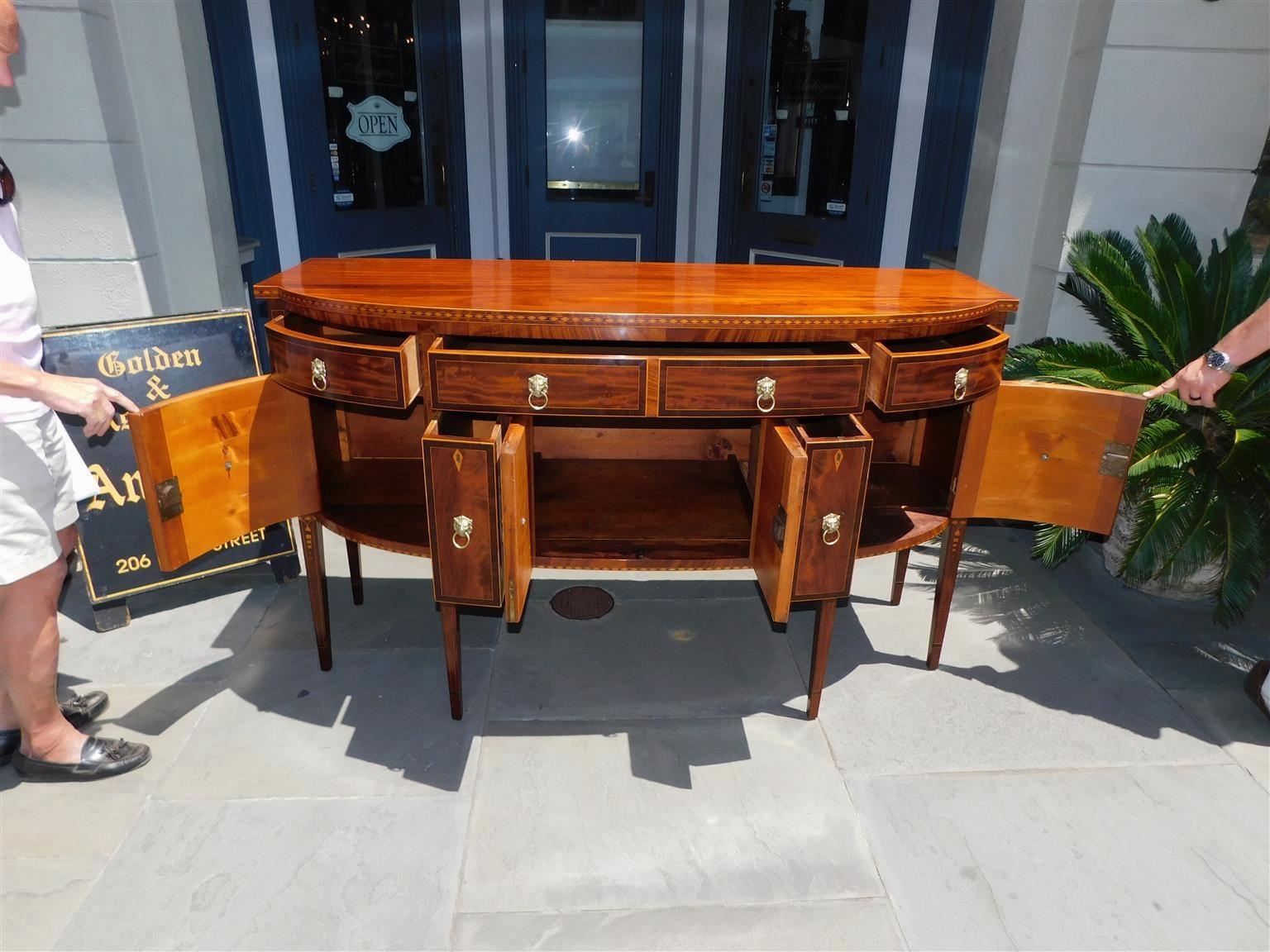 American Hepplewhite Mahogany Bow Front Satinwood Inlaid Sideboard, Circa 1780 For Sale 7
