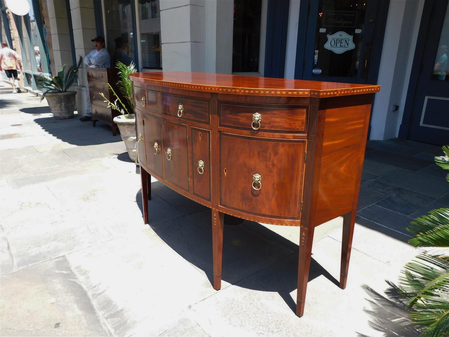 American Hepplewhite Mahogany Bow Front Satinwood Inlaid Sideboard, Circa 1780 For Sale 1