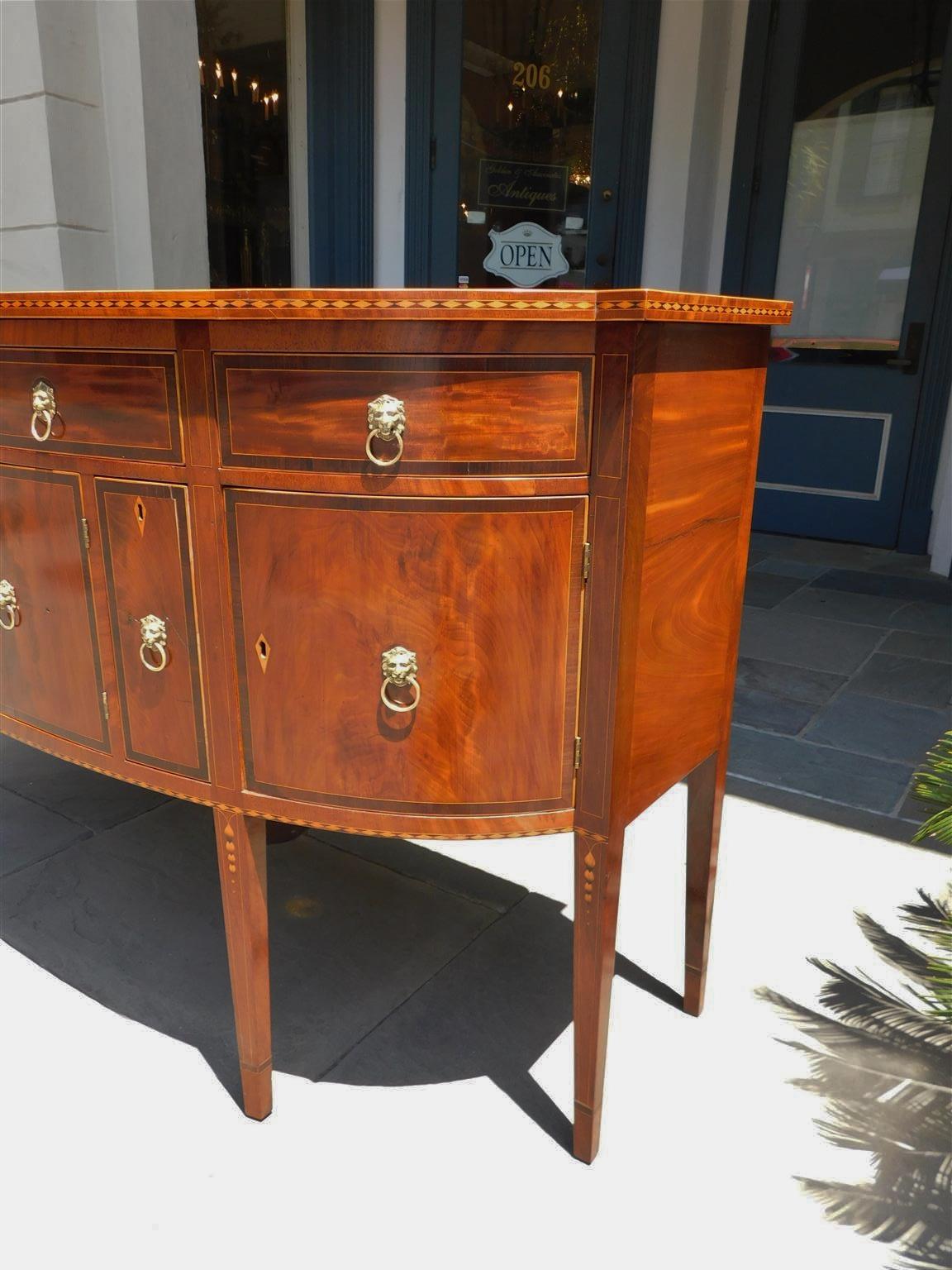 American Hepplewhite Mahogany Bow Front Satinwood Inlaid Sideboard, Circa 1780 For Sale 3
