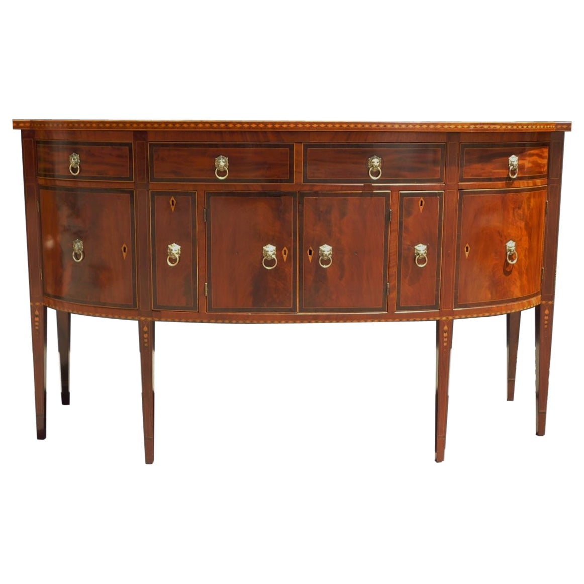 American Hepplewhite Mahogany Bow Front Satinwood Inlaid Sideboard, Circa 1780