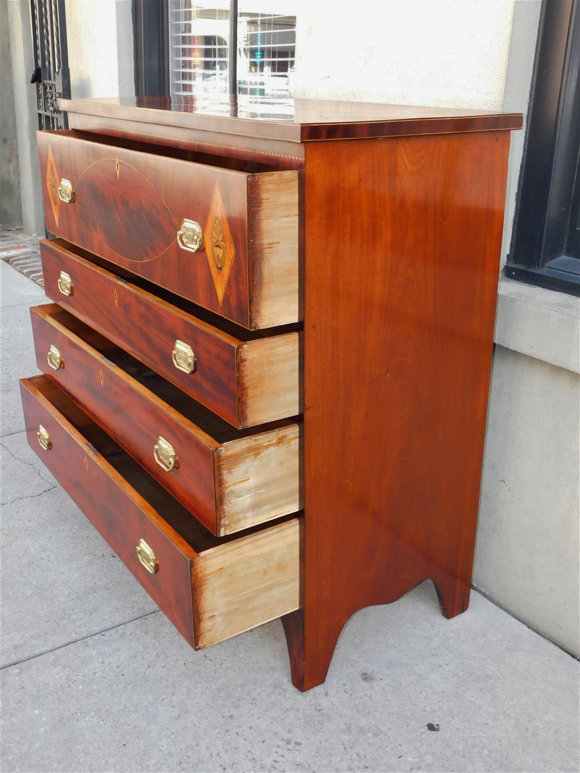 American Hepplewhite Mahogany Inlaid Chest of Drawers w/ Orig. Brasses, C. 1800 For Sale 7