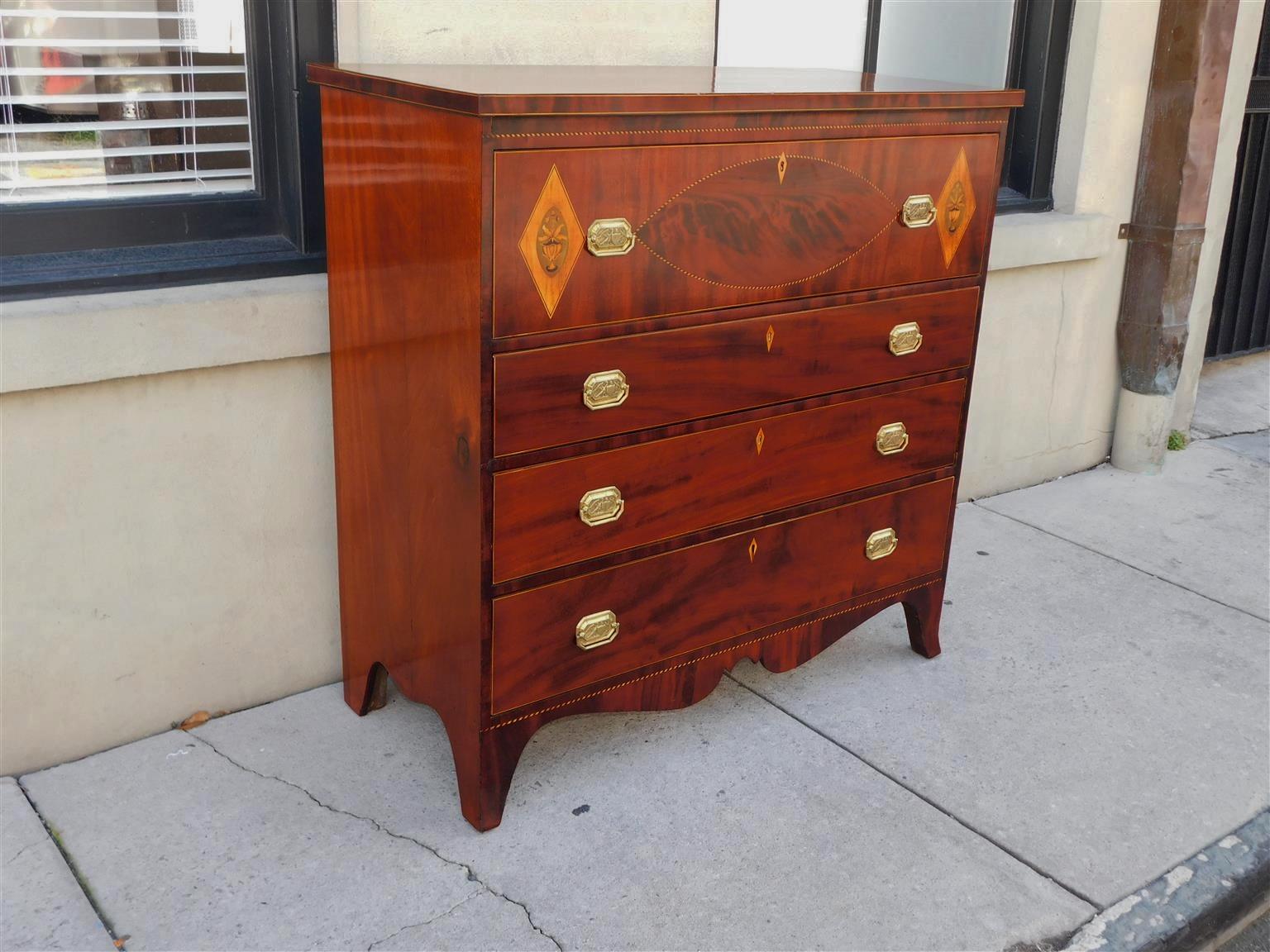 Hand-Carved American Hepplewhite Mahogany Inlaid Chest of Drawers w/ Orig. Brasses, C. 1800 For Sale