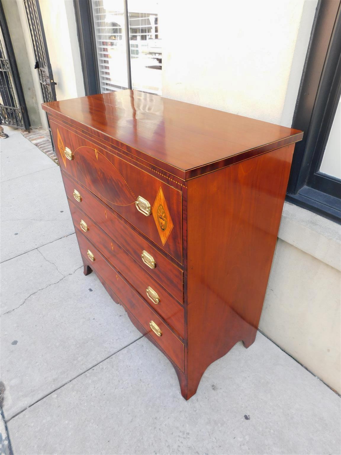 Early 19th Century American Hepplewhite Mahogany Inlaid Chest of Drawers w/ Orig. Brasses, C. 1800 For Sale