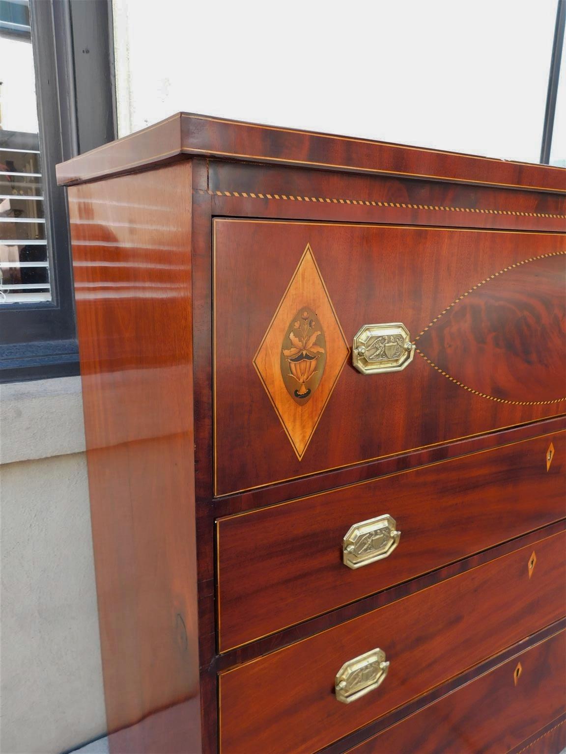 American Hepplewhite Mahogany Inlaid Chest of Drawers w/ Orig. Brasses, C. 1800 For Sale 1