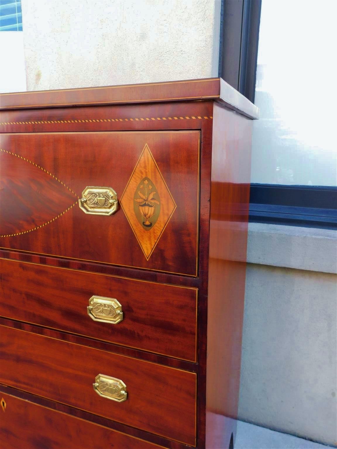 American Hepplewhite Mahogany Inlaid Chest of Drawers w/ Orig. Brasses, C. 1800 For Sale 2