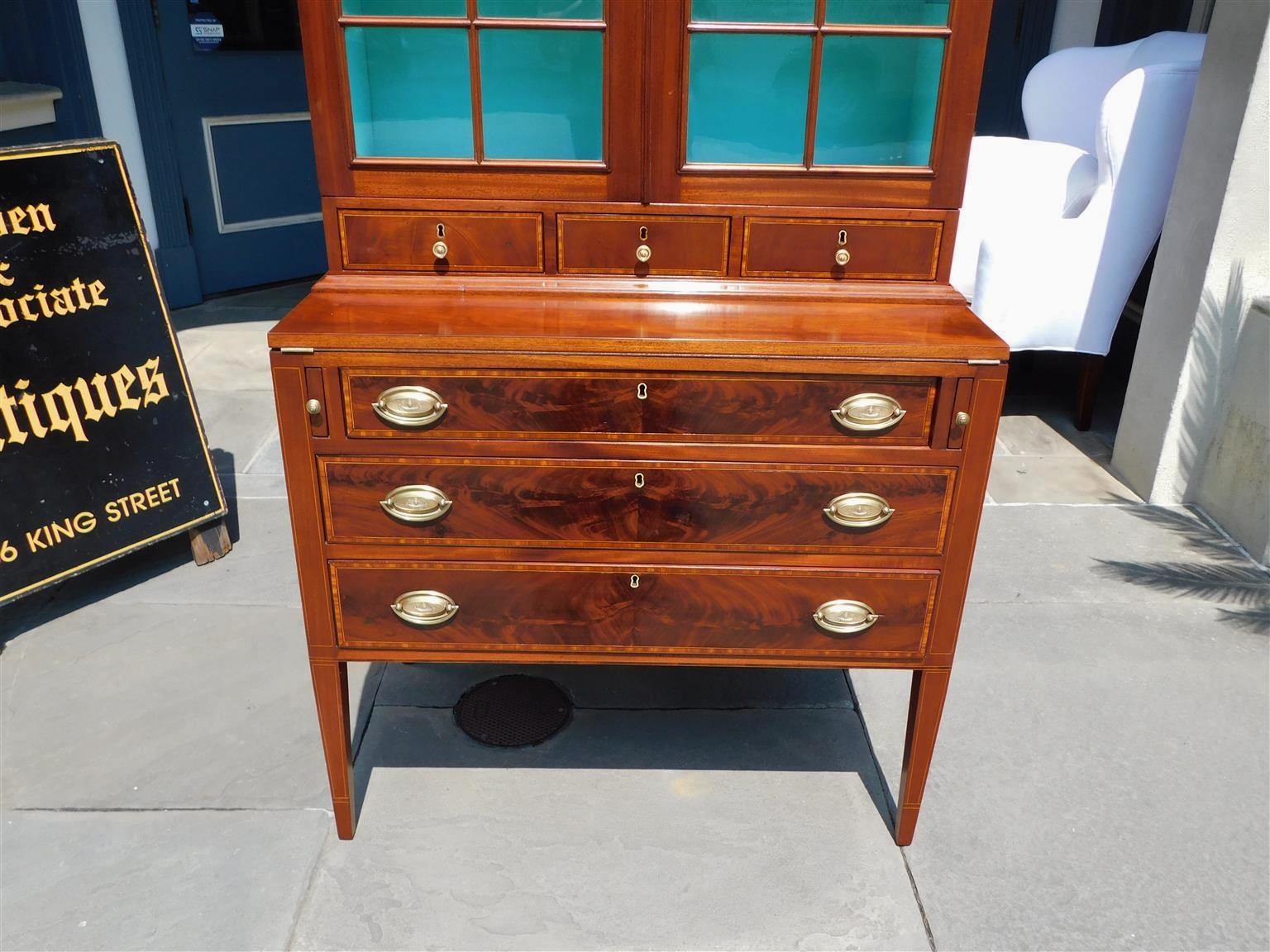 American Hepplewhite Mahogany Inlaid Fall Front Secretary with Bookcase, C. 1790 For Sale 3