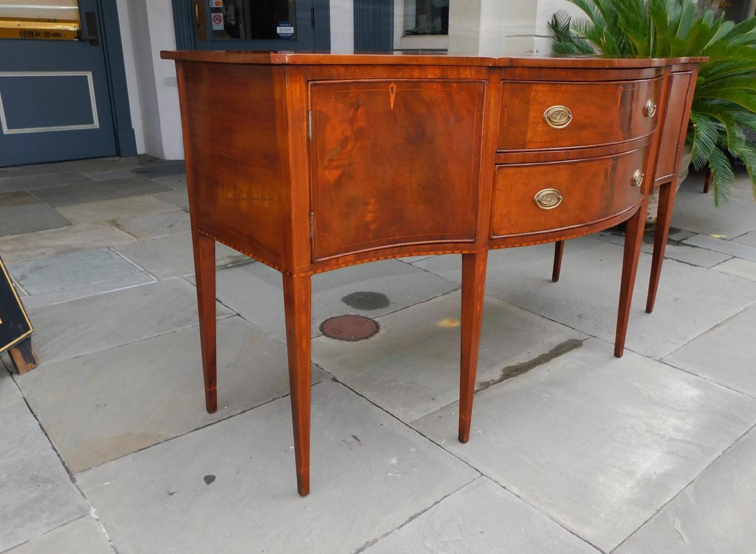 American Hepplewhite Mahogany Serpentine Two Drawer Inlaid Sideboard, Circa 1790 In Excellent Condition In Hollywood, SC