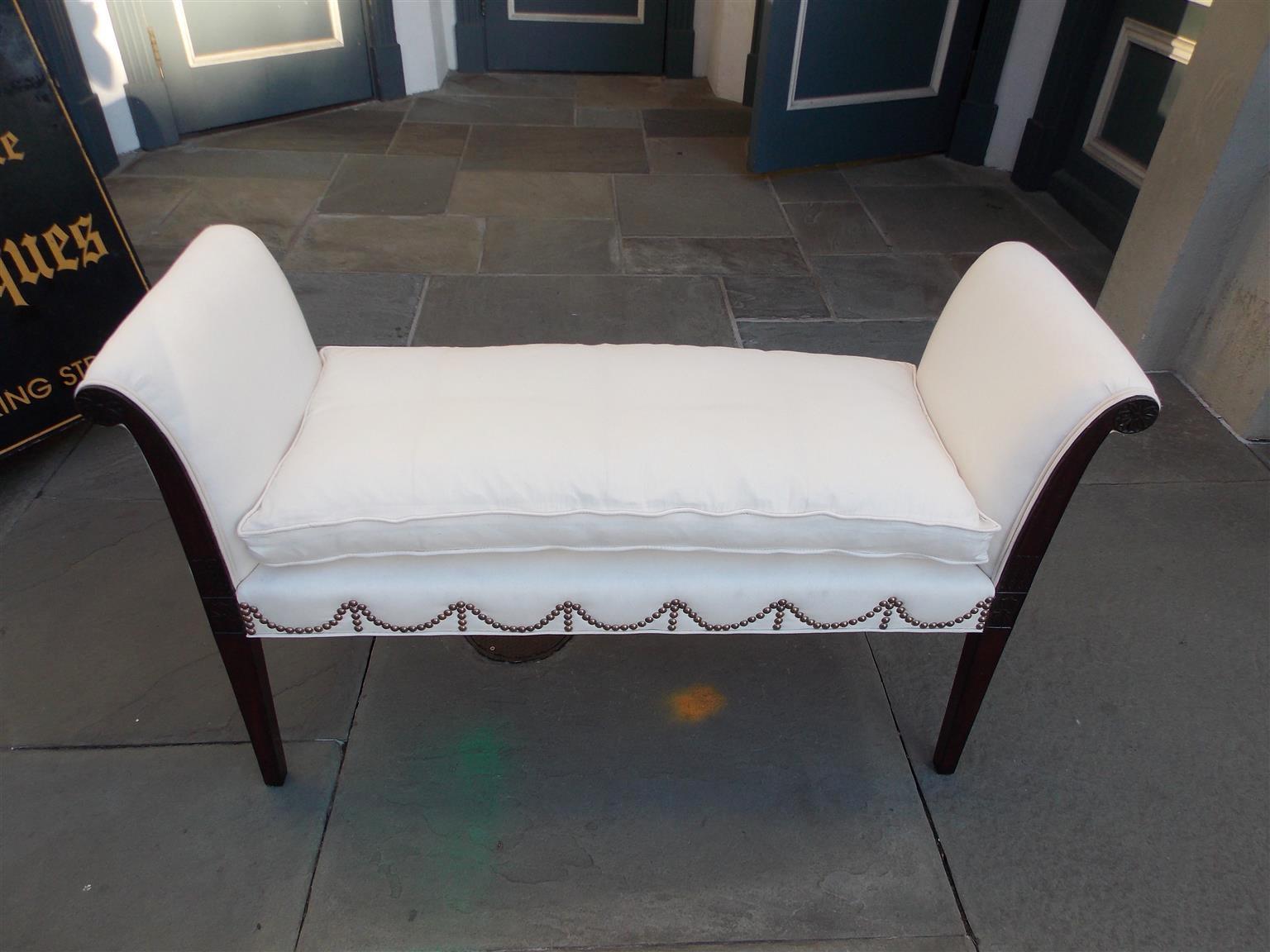 Hand-Carved American Hepplewhite Mahogany Upholstered Window Bench, Attr S. McIntire C. 1800