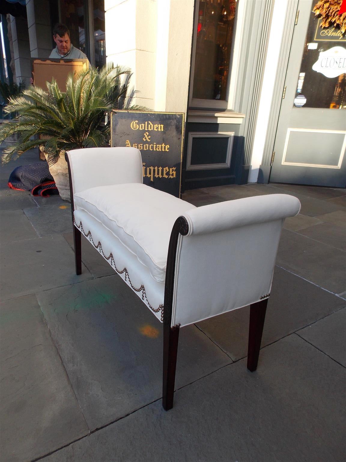 Brass American Hepplewhite Mahogany Upholstered Window Bench, Attr S. McIntire C. 1800