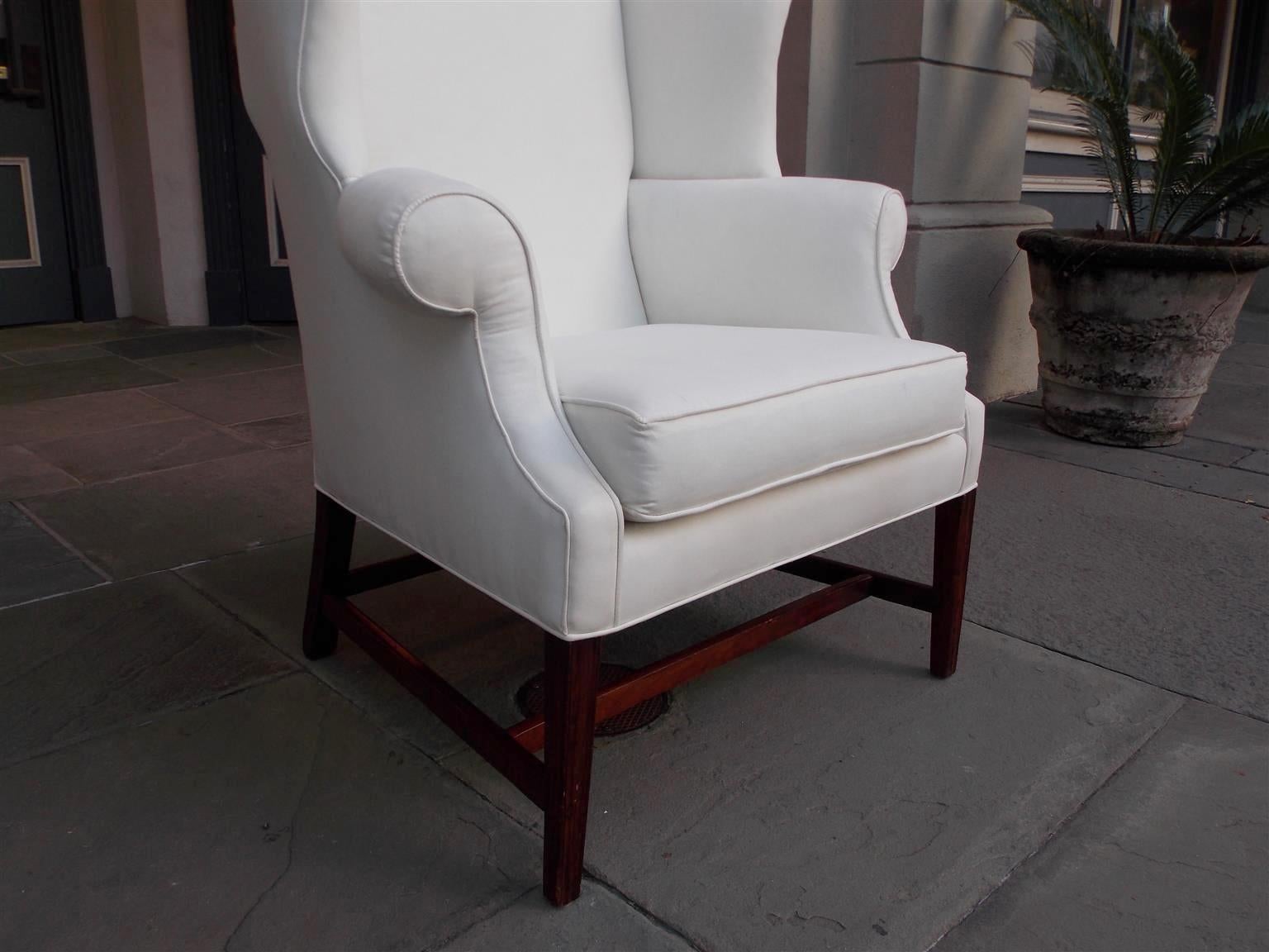 Hand-Carved American Hepplewhite Mahogany Upholstered Wing Back Chair, New York, Circa 1790