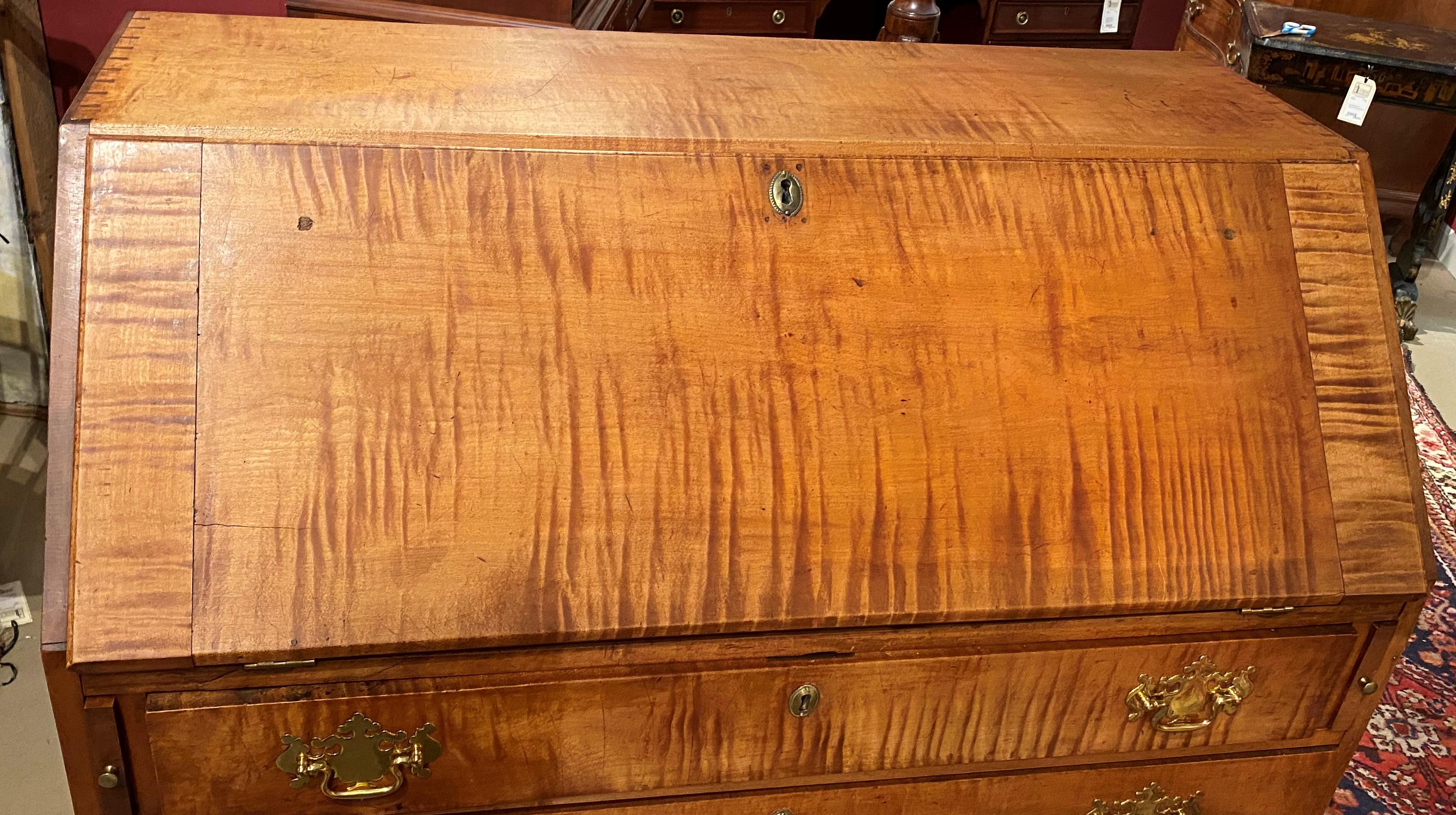 A fine example of an American Hepplewhite slant front desk with strong figured tiger maple, circa 1790, with compartmentalized interior featuring seven document drawers over three open cubbies. The lower half of the desk features four graduated long