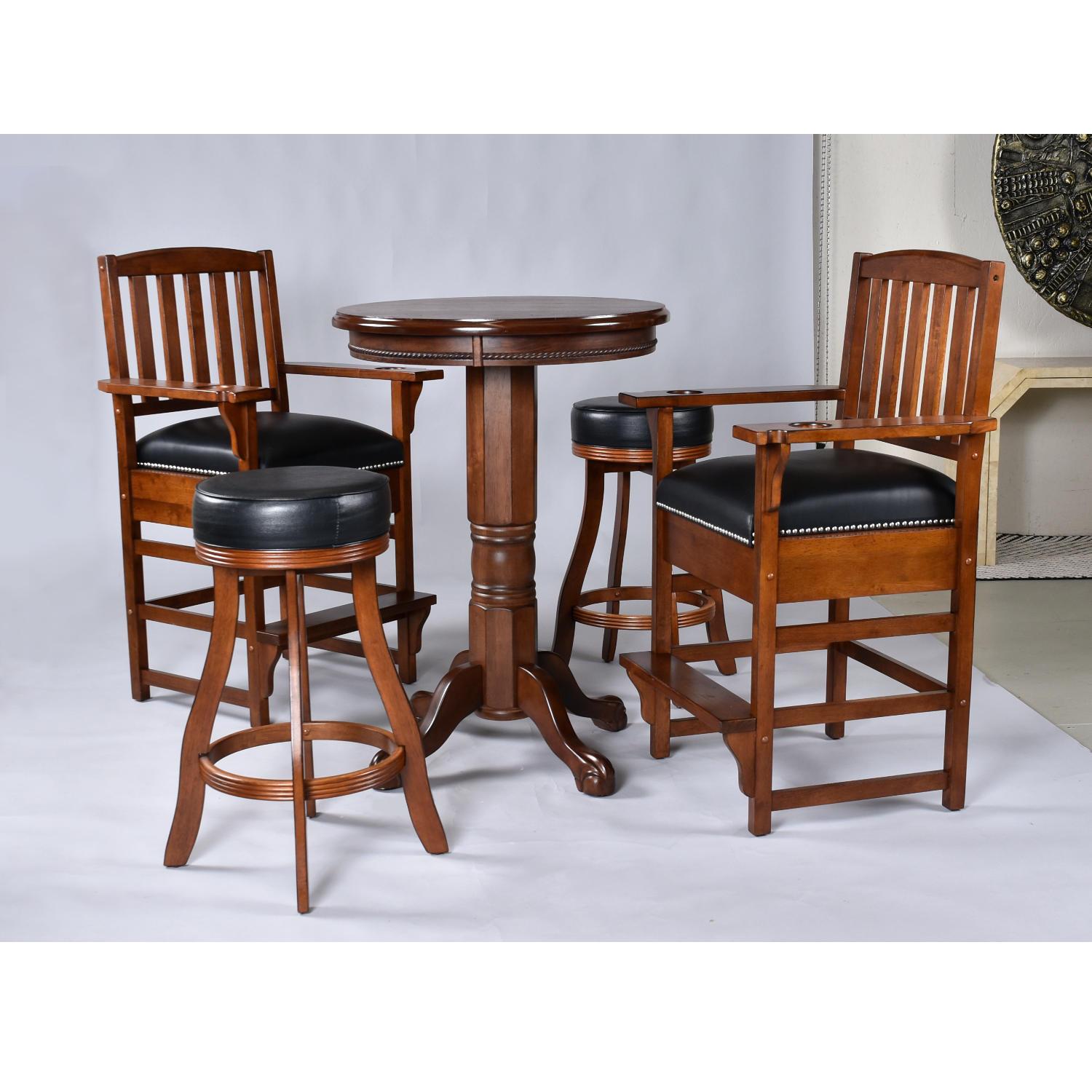 Handsome, gently used contemporary American Heritage Billiards pub height table set. This 5-piece set is designed for use in a billiards room. The king viewing chairs have are ideal for relaxing with friends. The tall bar stools feature full backs,