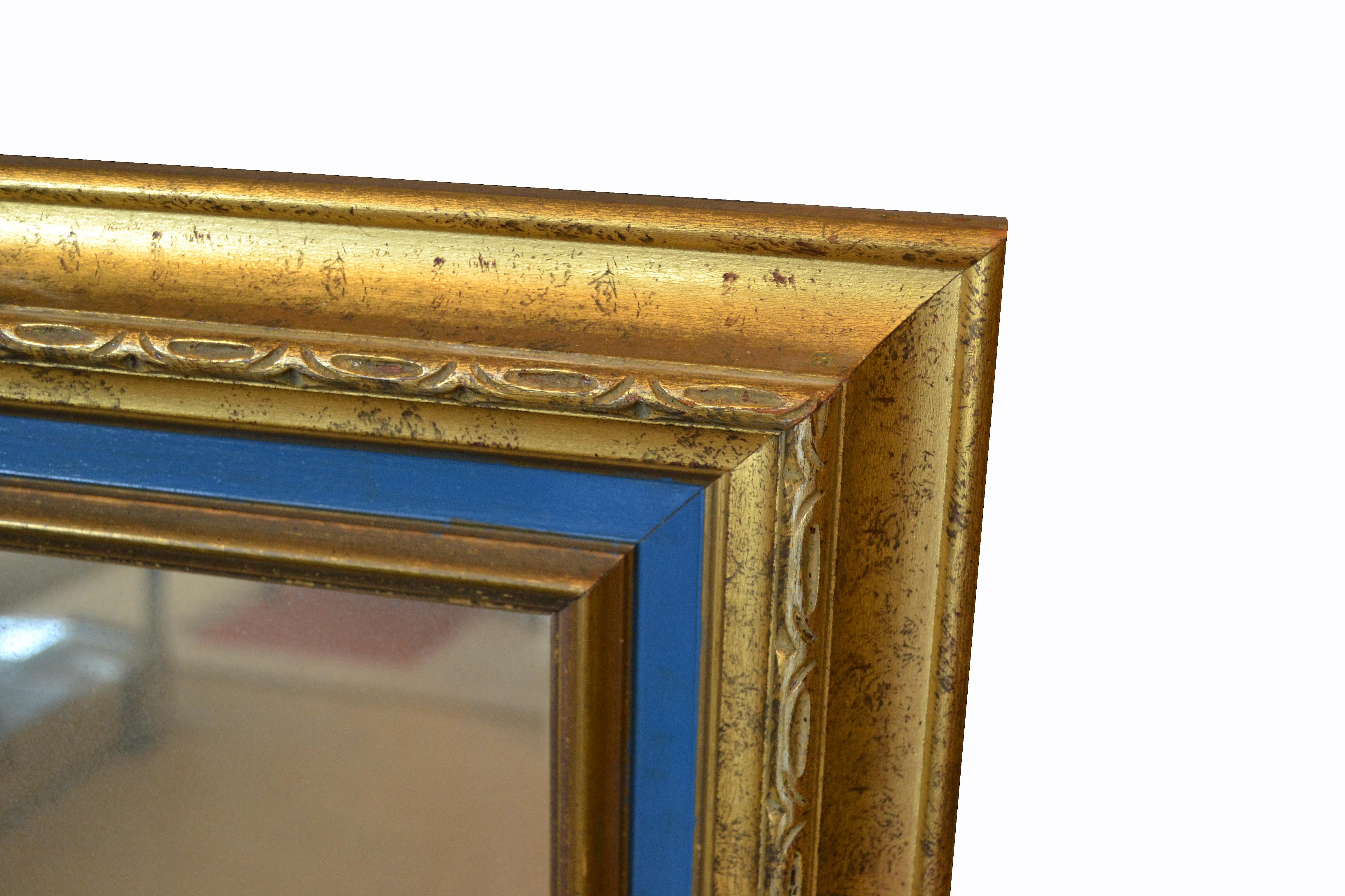 American Hollywood Regency Antique Gold Finished and Blue Wooden Wall Mirror 2