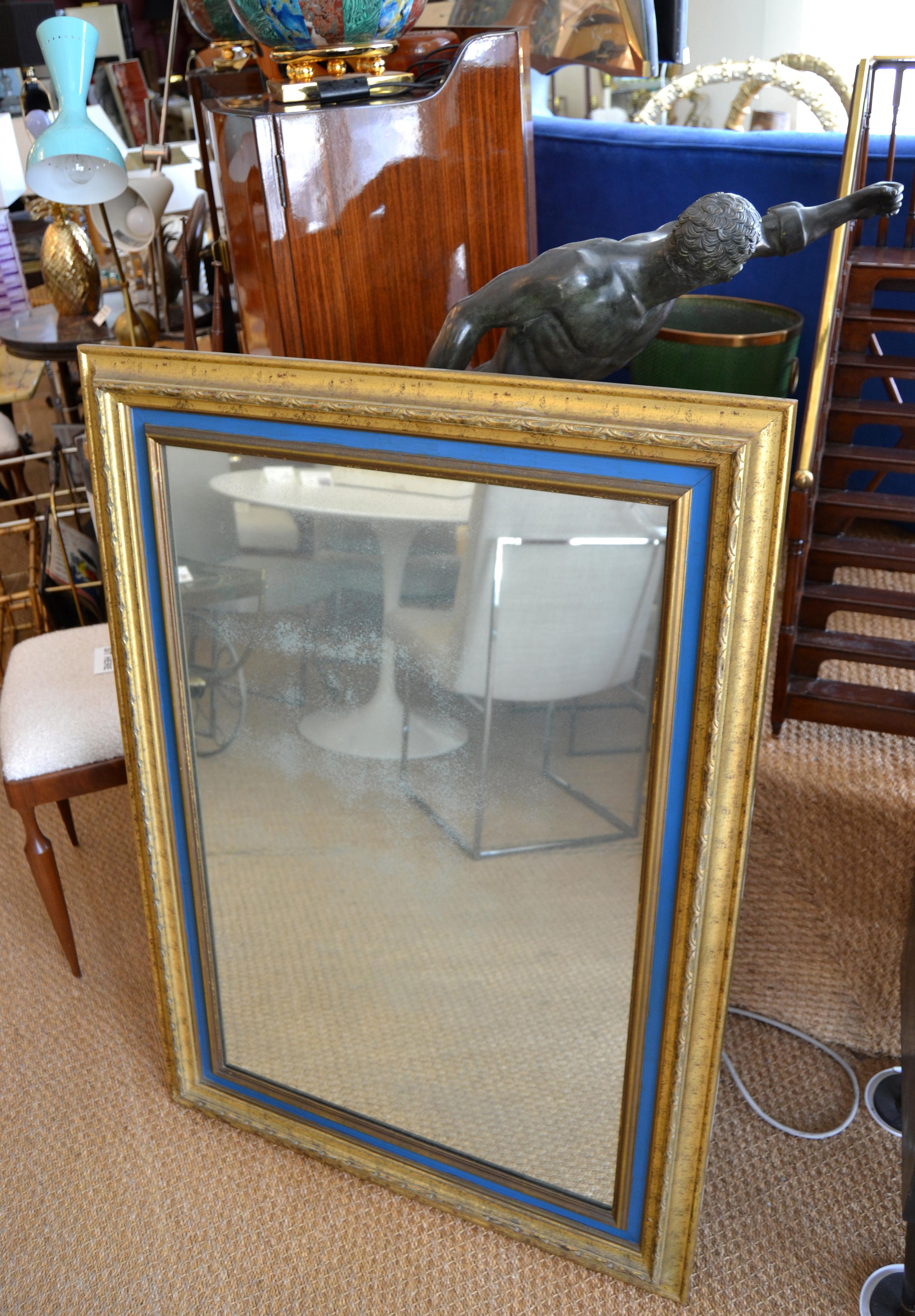 American Hollywood Regency Antique Gold Finished and Blue Wooden Wall Mirror 3
