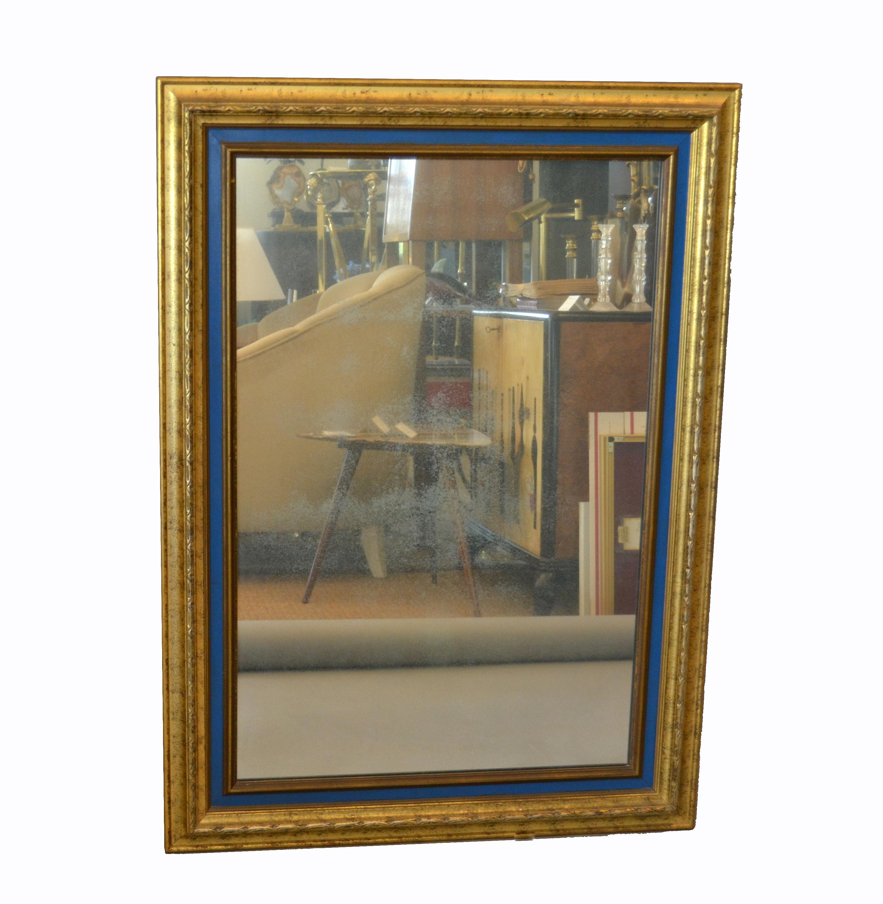American Hollywood Regency Antique Gold Finished and Blue Wooden Wall Mirror In Good Condition In Miami, FL
