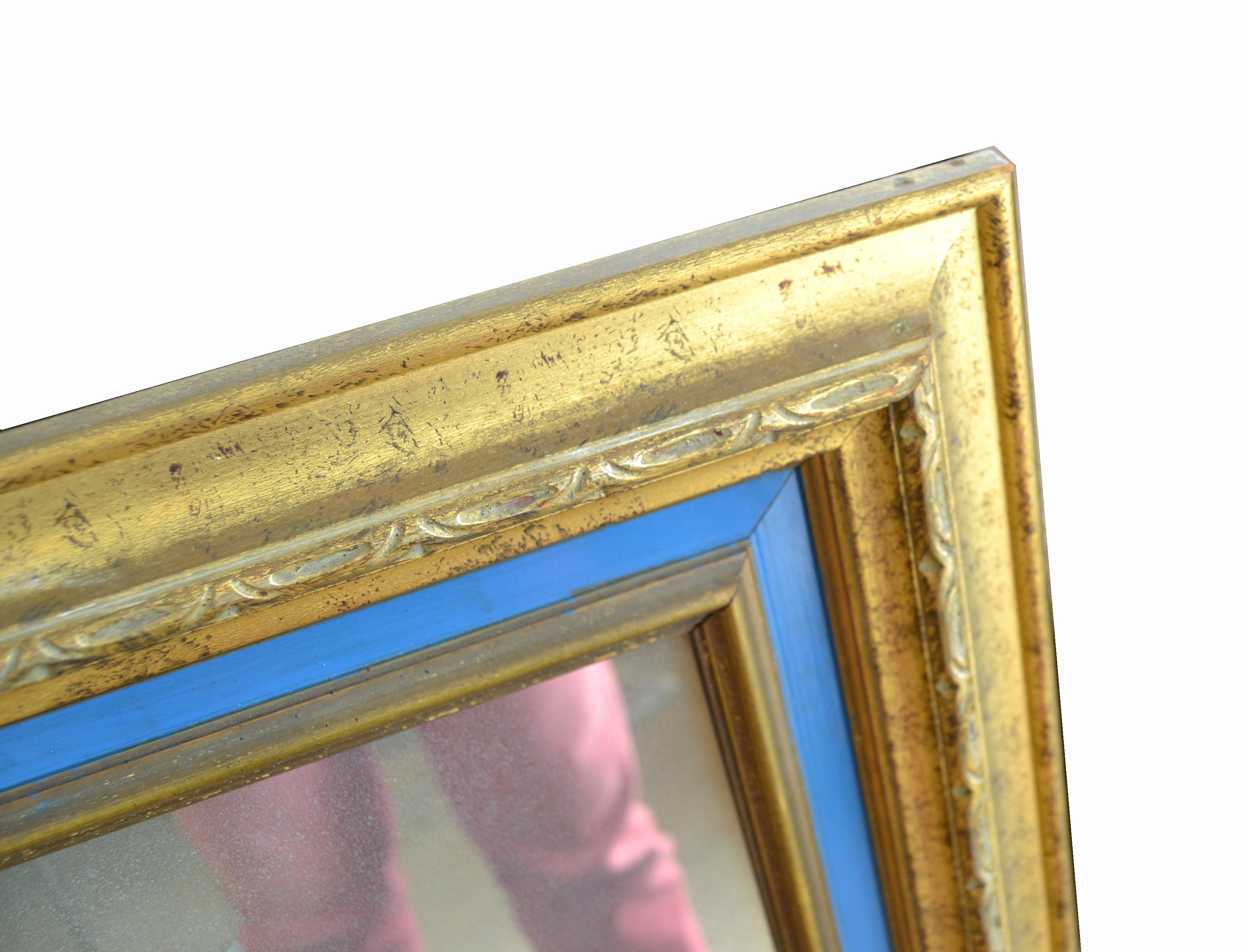Mid-20th Century American Hollywood Regency Antique Gold Finished and Blue Wooden Wall Mirror