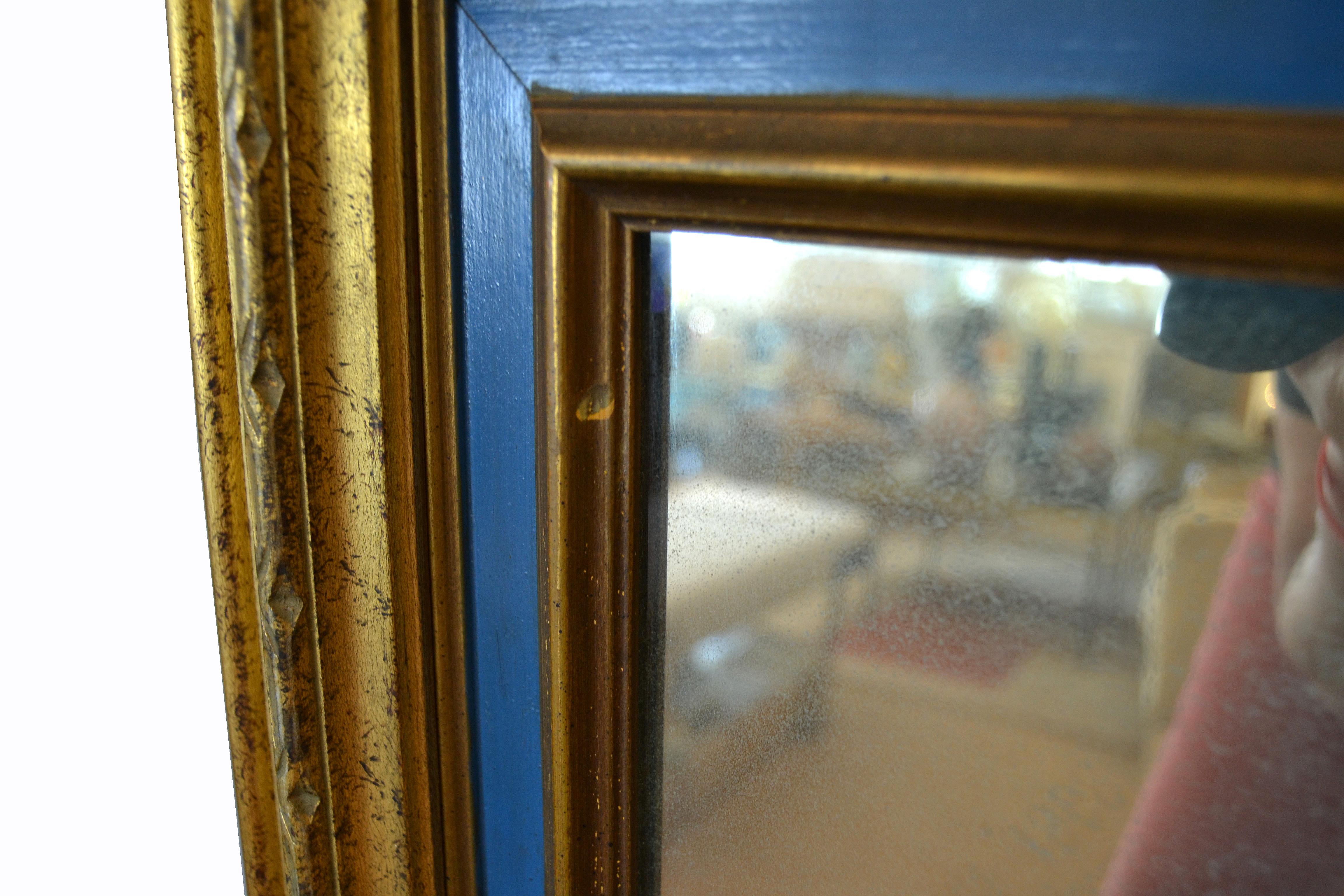 American Hollywood Regency Antique Gold Finished and Blue Wooden Wall Mirror 1
