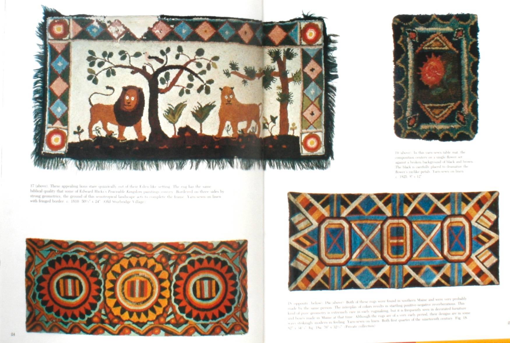 American hooked and sewn rugs, Folk Art underfoot by Joel and Kate Kopp. New York: E.P. Dutton, Inc., 1985. Hardcover with dust jacket. 141 pp. A fascinating book on the origins and development of the hooked rug from its beginnings in the 18th and