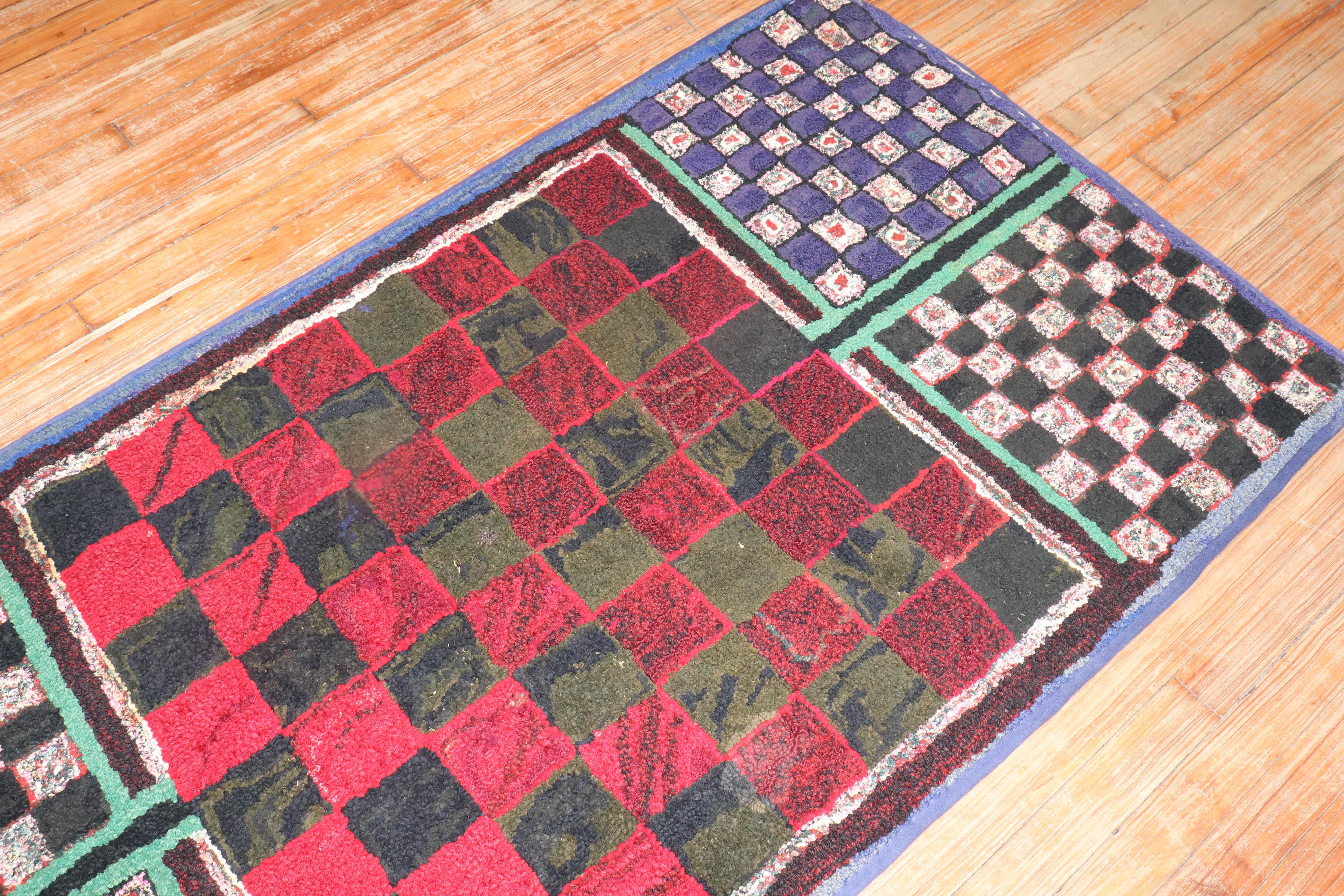 Mid-Century Modern American Hooked Checkerboard Chess Rug For Sale