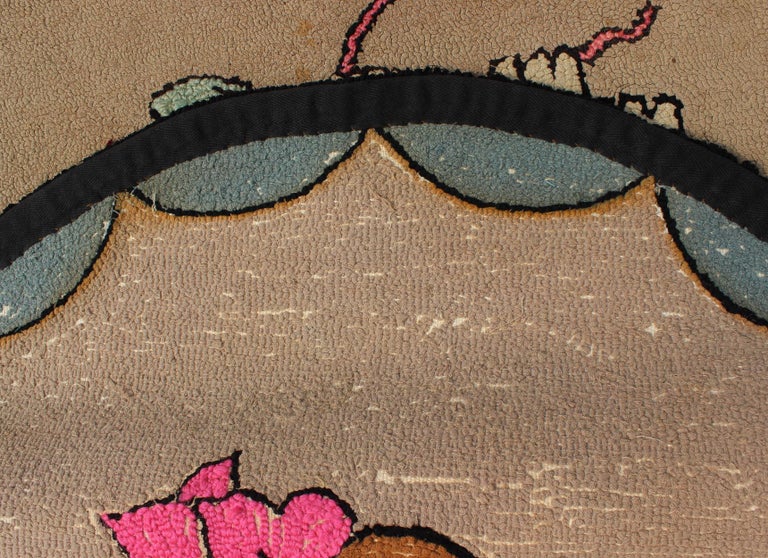 American Hooked Circular Rug with a Cat and Dog For Sale at 1stDibs