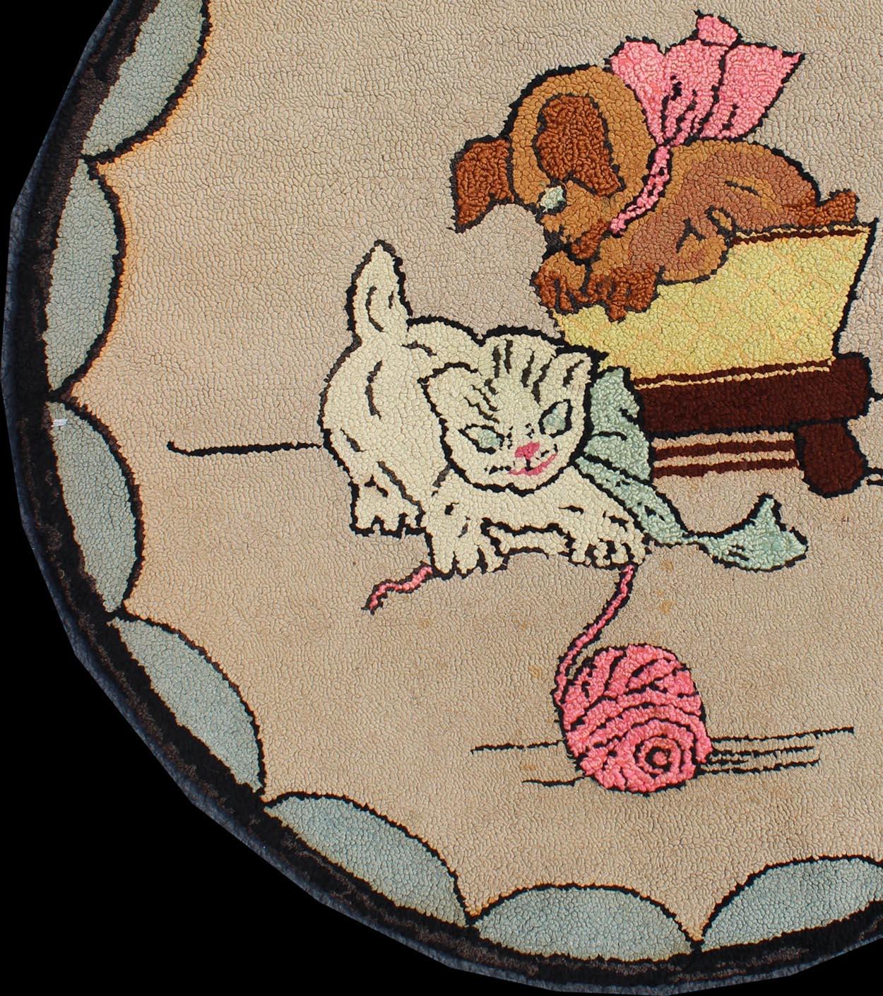 Hand-Knotted American Hooked Circular Rug with a Cat and Dog For Sale