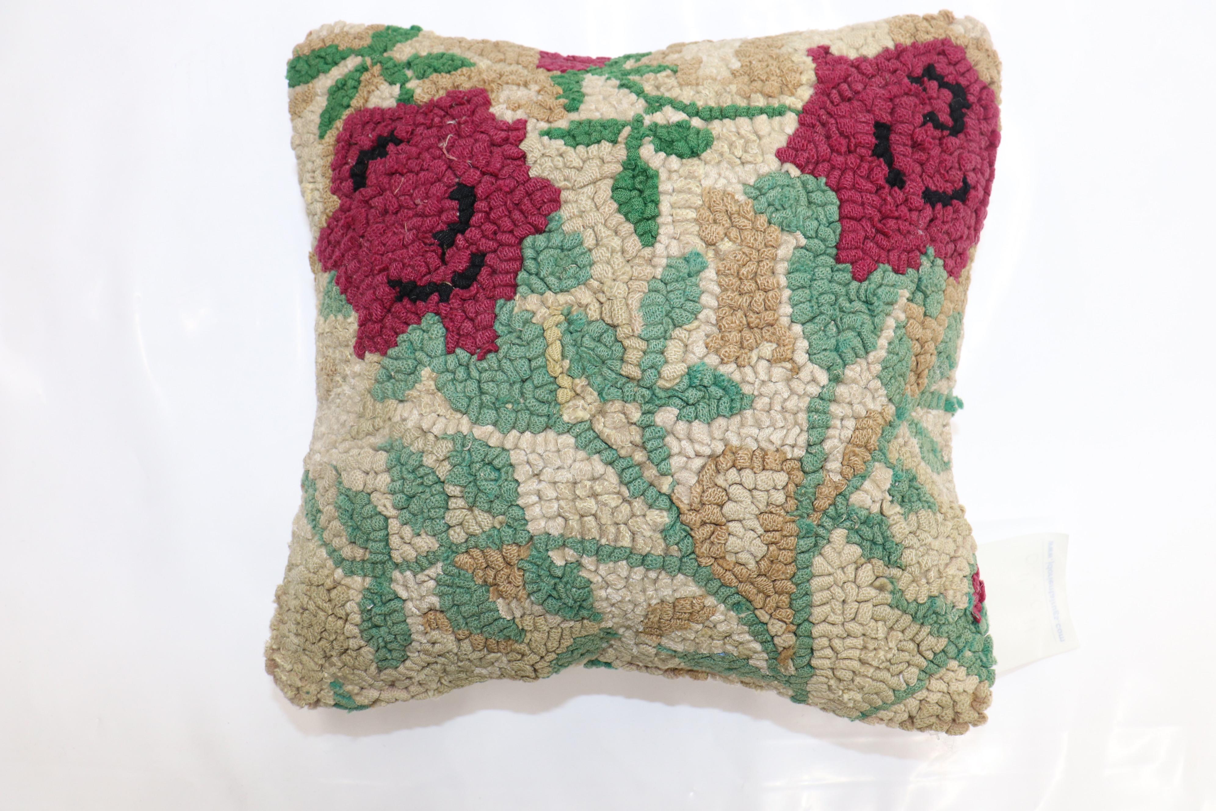 Country American Hooked Floral Rug Pillow For Sale