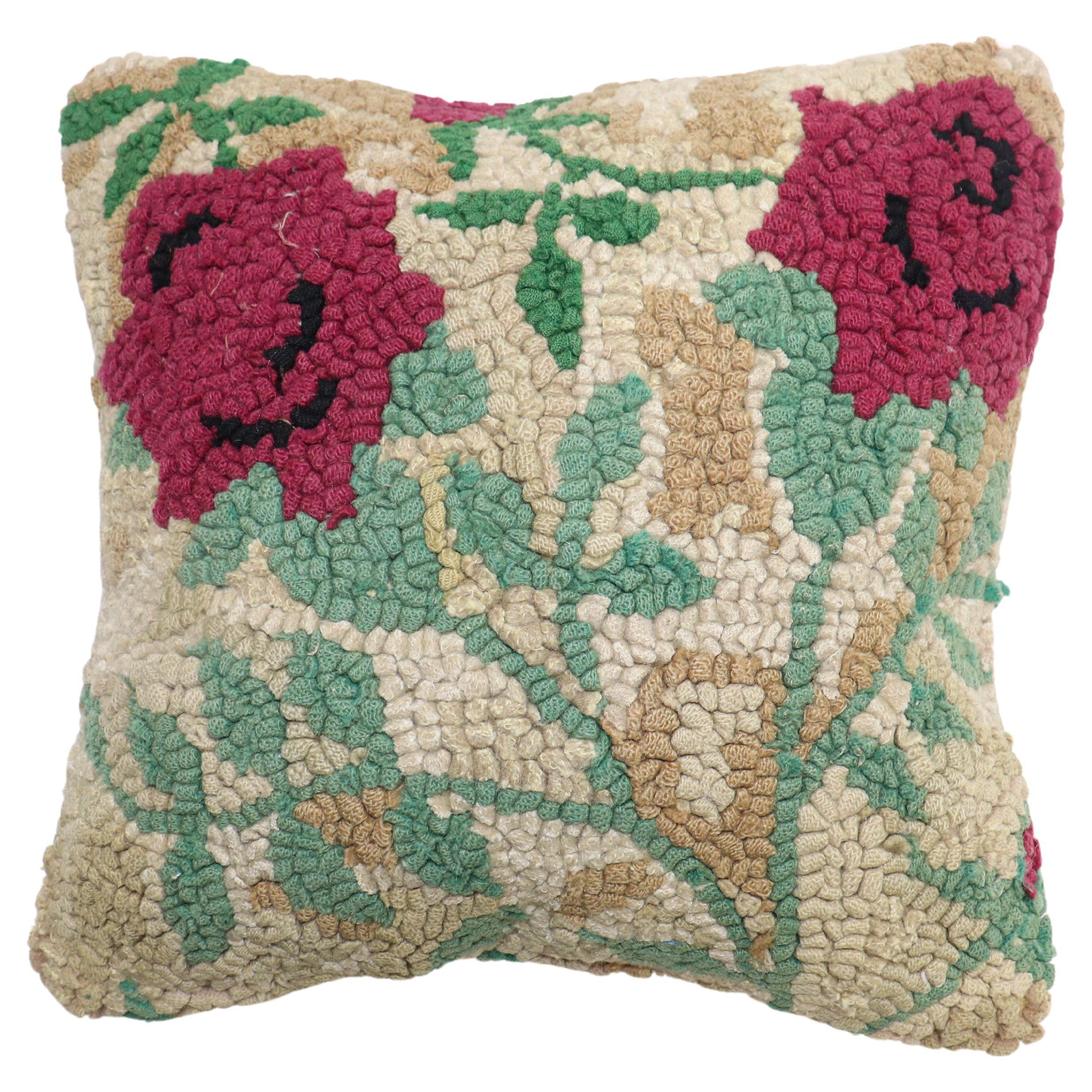 American Hooked Floral Rug Pillow For Sale