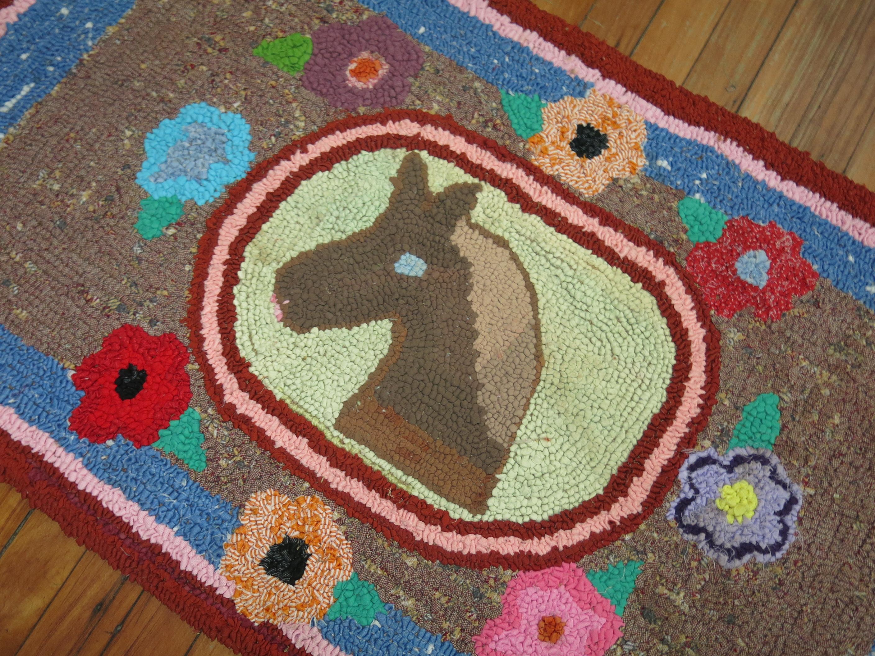Hand-Woven American Hooked Pictorial Horse Rug