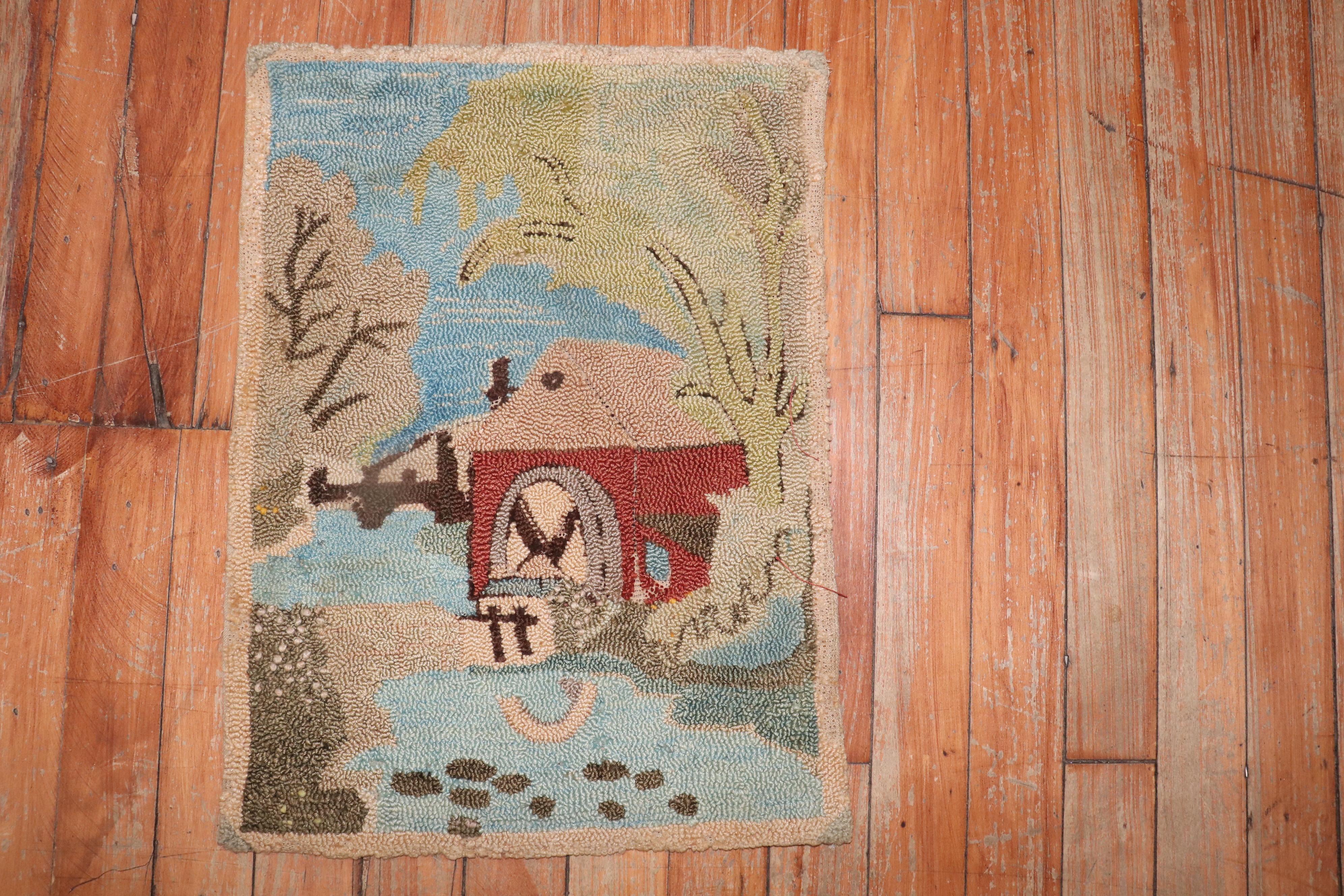 Country American Hooked Pictorial Rug For Sale