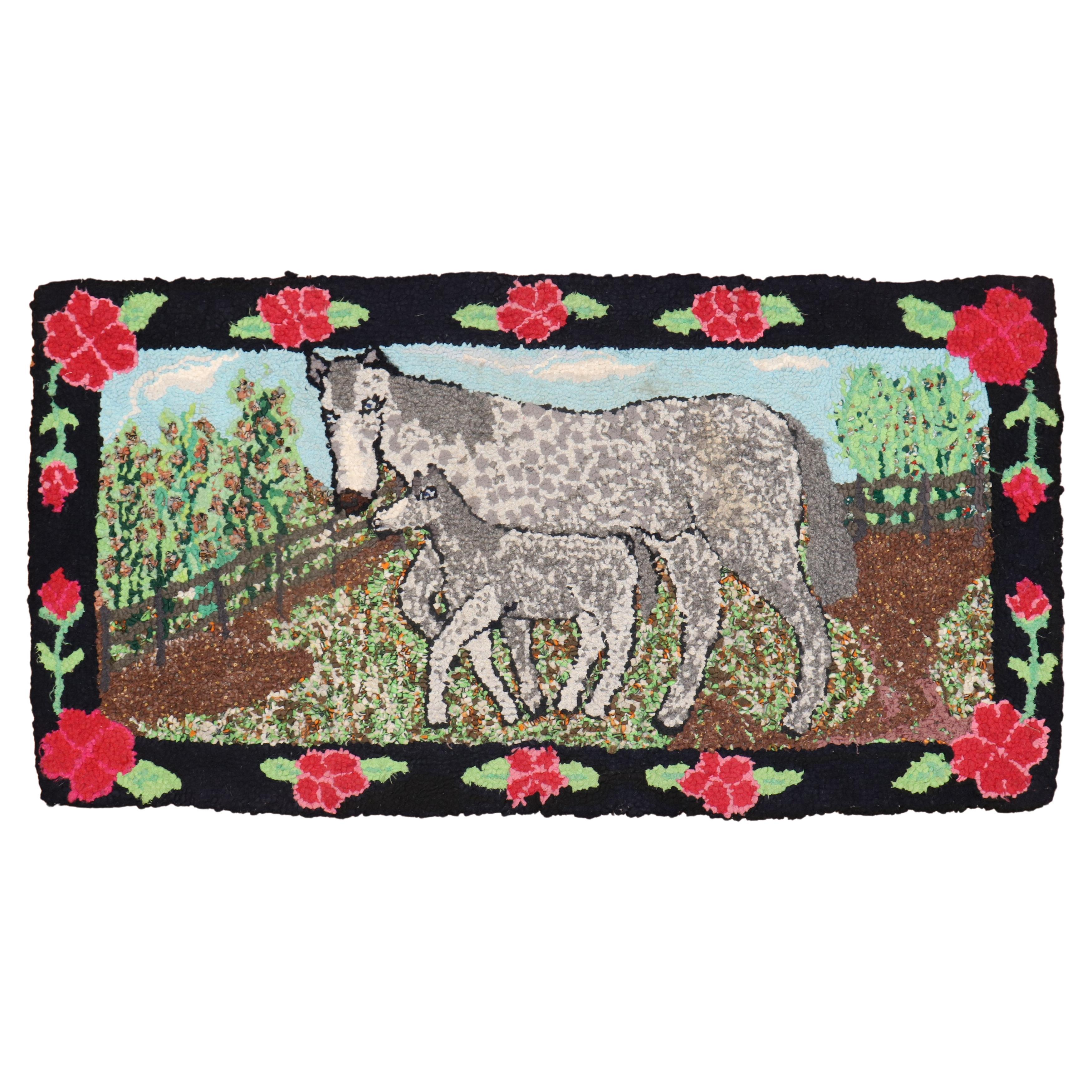 American Hooked Pictorial Throw Rug For Sale