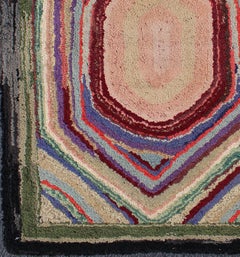Antique Multicolor American Hooked Rug in Layered Diamond Design & Geometric