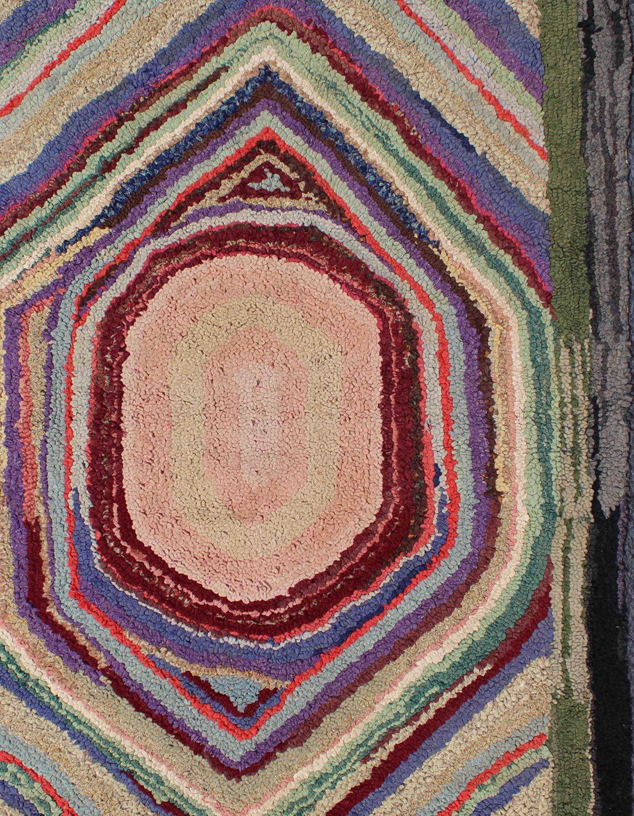 Hand-Knotted Antique Multicolor American Hooked Rug in Layered Diamond Design & Geometric For Sale