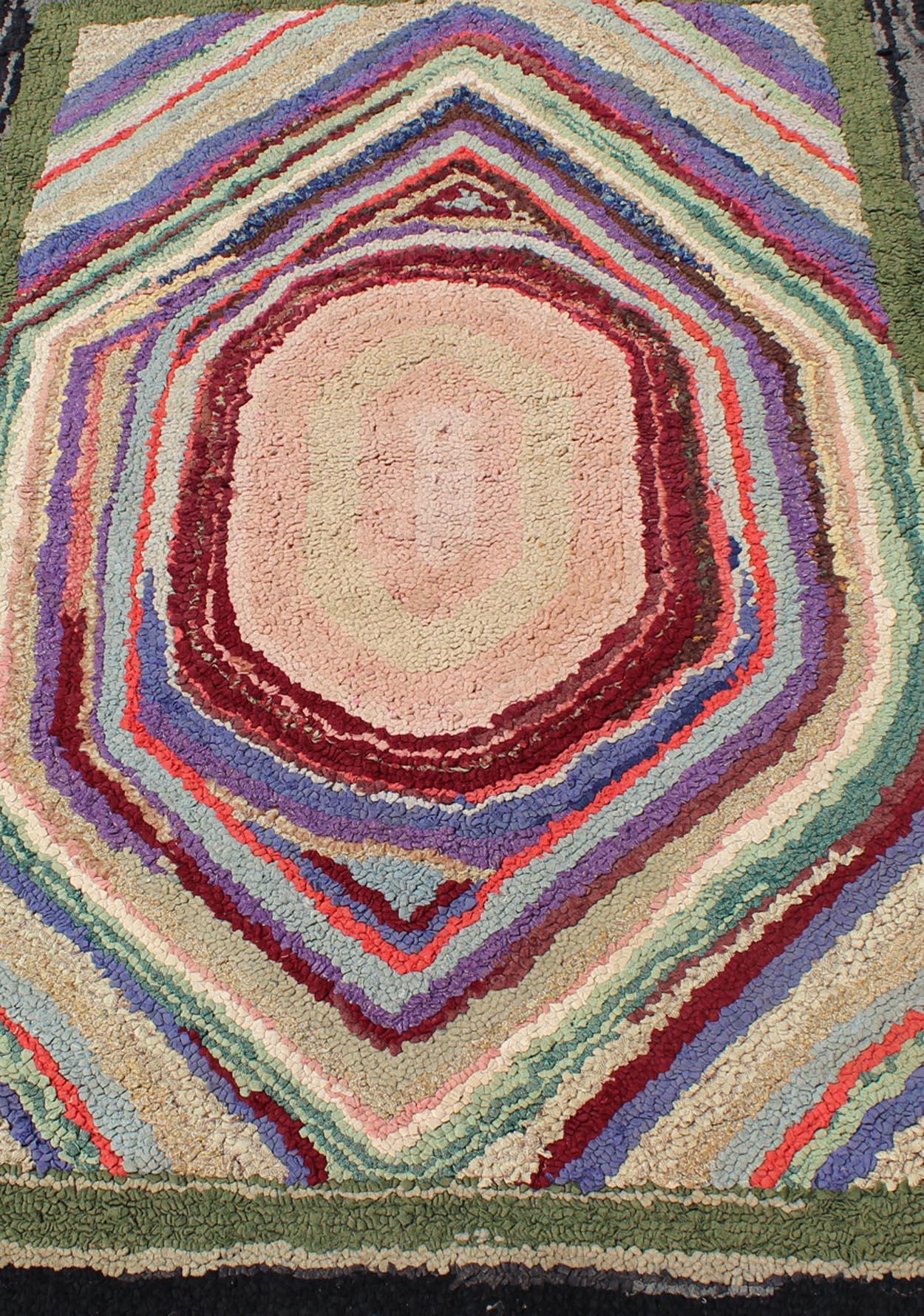 Wool Antique Multicolor American Hooked Rug in Layered Diamond Design & Geometric For Sale