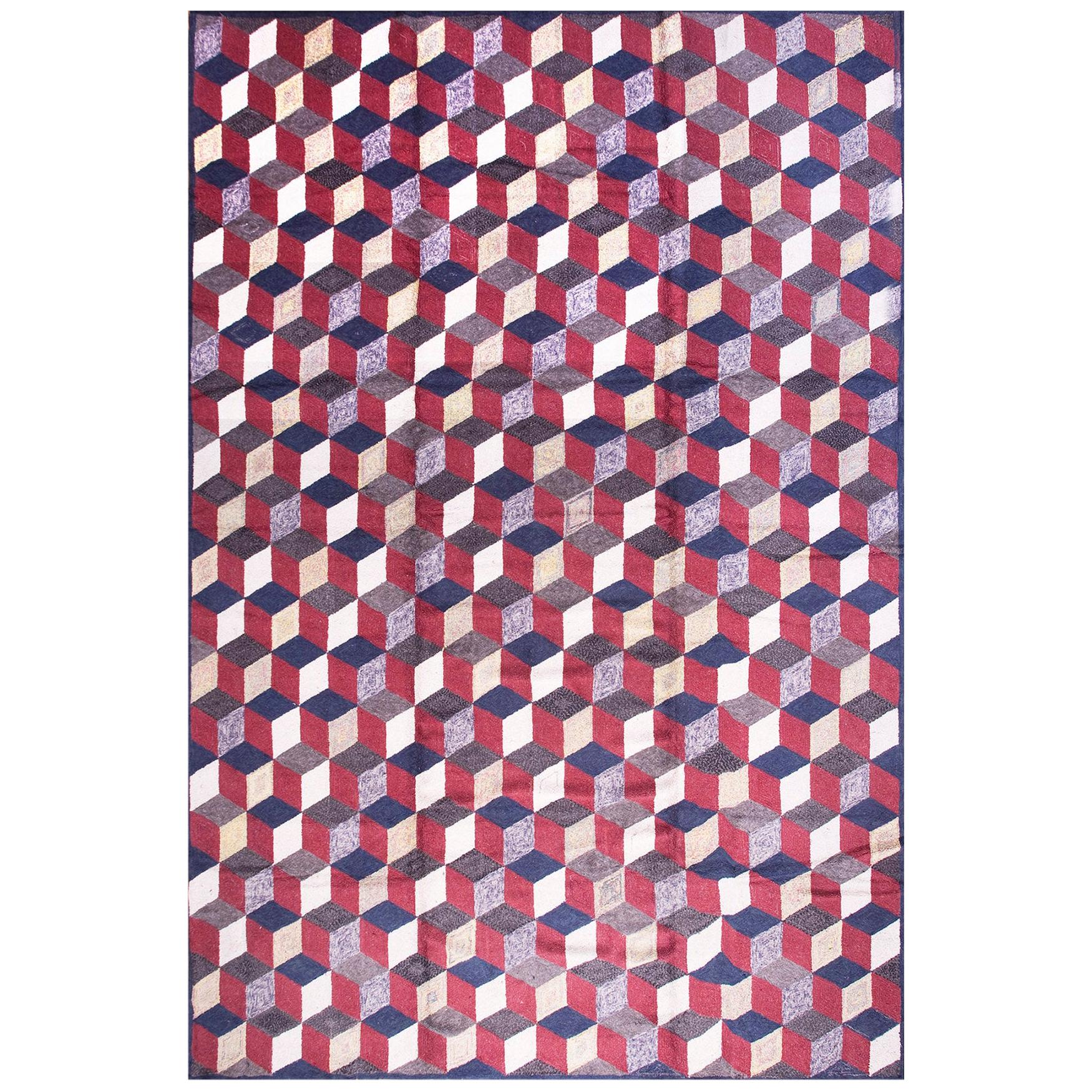 Vintage American Hooked Rug with Tumbling Block Pattern (18' x 12'-366 x 549 )