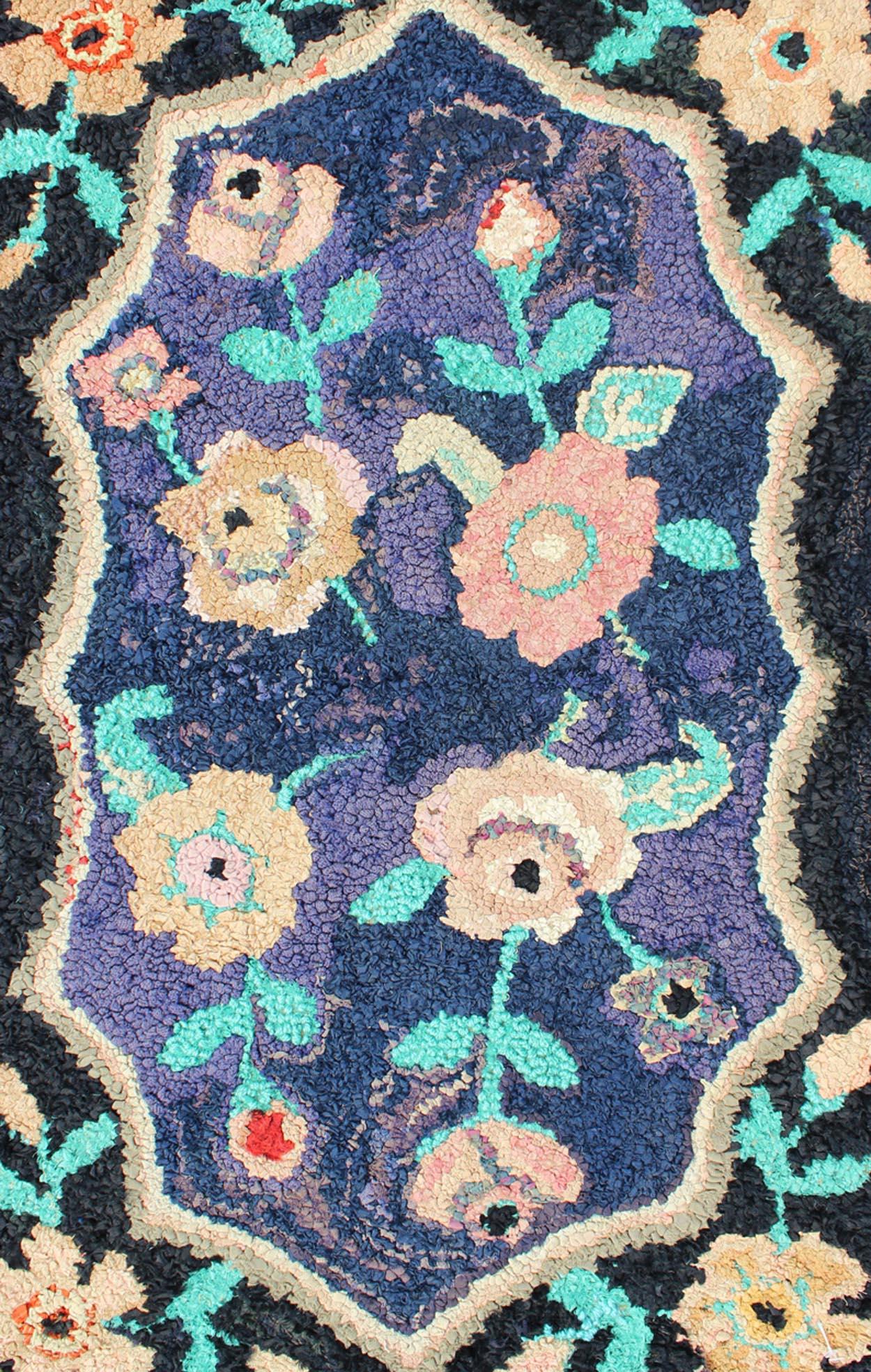 Hand-Woven American Hooked Rug in Floral Pattern with Medallion on Purple/Blue, Black For Sale